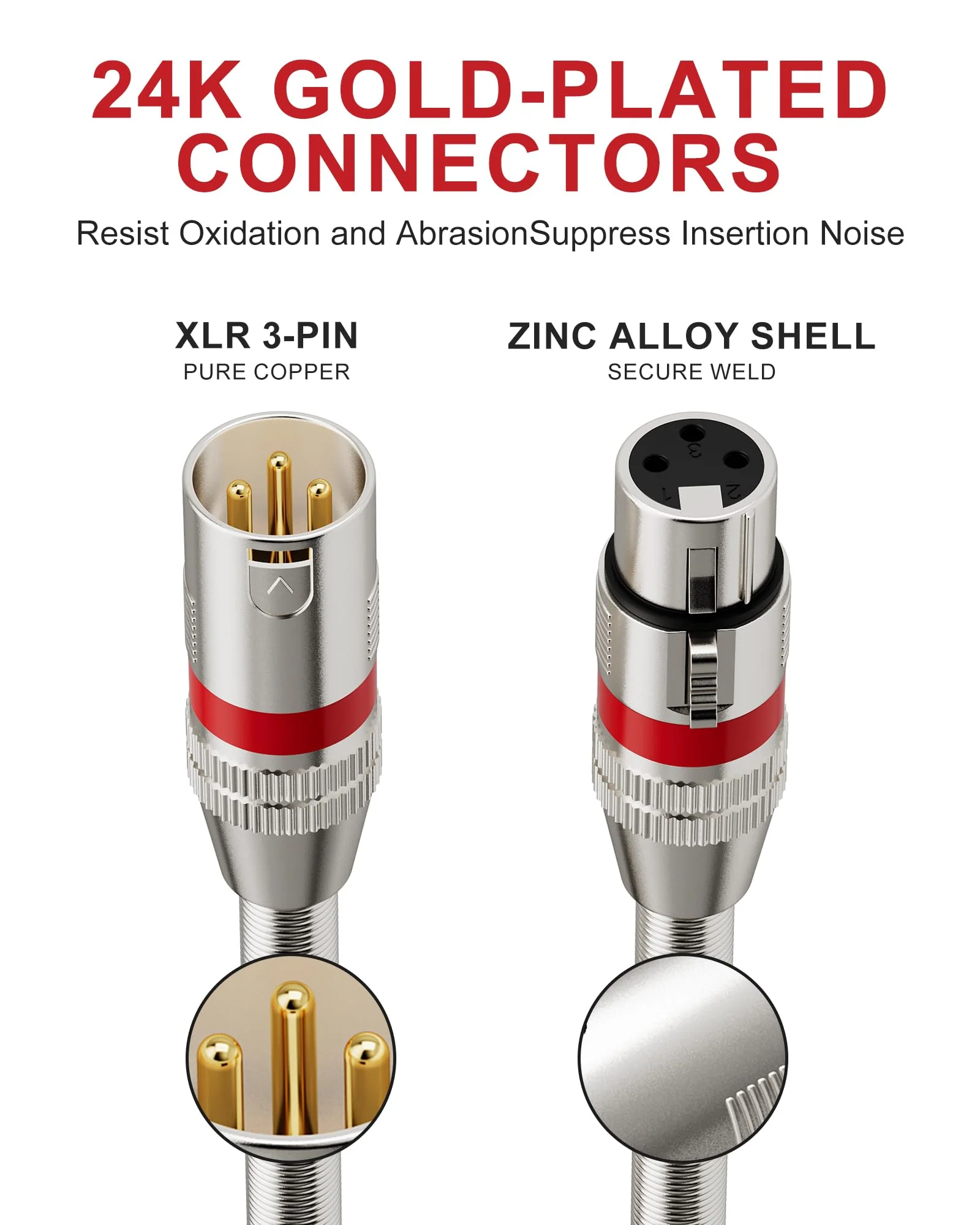 XLR Cables 12ft 2 Pack XLR Microphone Cable Gold-Plated Connectors Male to Female XL R Cable 3-pin Balanced Shielded Mic Speaker Cord, Metal Spring SR, Black - Image 3