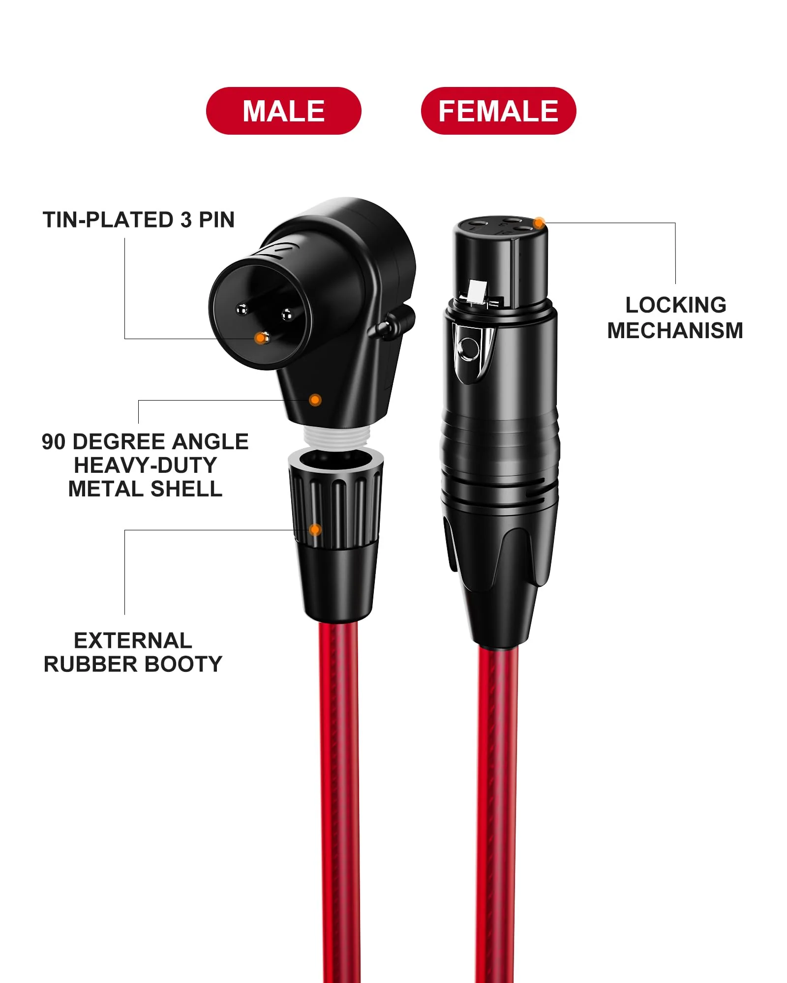 XLR Cables 15ft Right Angle XLR Cable Microphone Cable 2 Pack Male to Straight Female Mic Cord 3 Pin for Speakers Audio Interface Pro Camcorders DSLR Video Cameras Recording Red 15 Feet 2 Pack Angled Male - Image 3