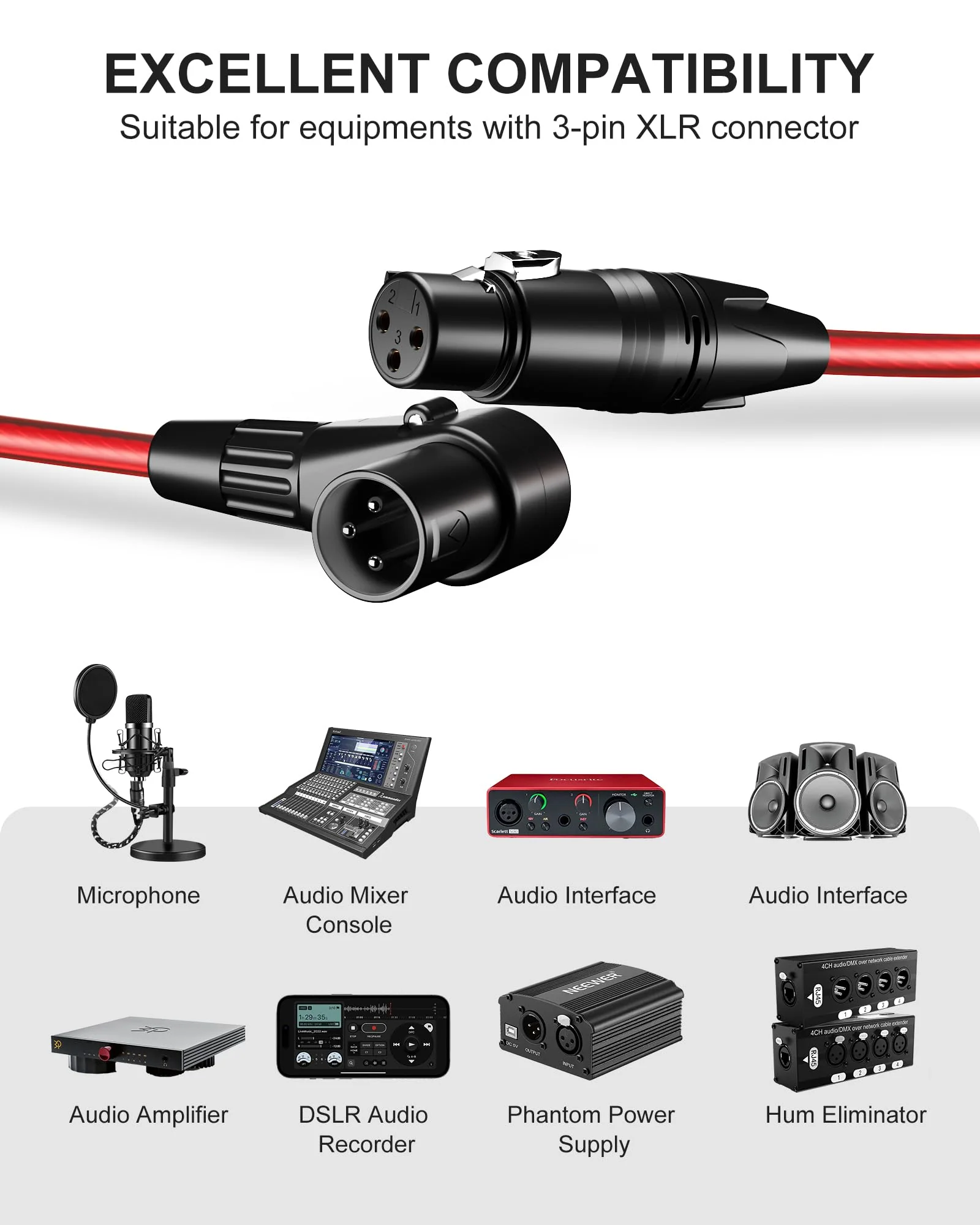 XLR Cables 15ft Right Angle XLR Cable Microphone Cable 2 Pack Male to Straight Female Mic Cord 3 Pin for Speakers Audio Interface Pro Camcorders DSLR Video Cameras Recording Red 15 Feet 2 Pack Angled Male - Image 4