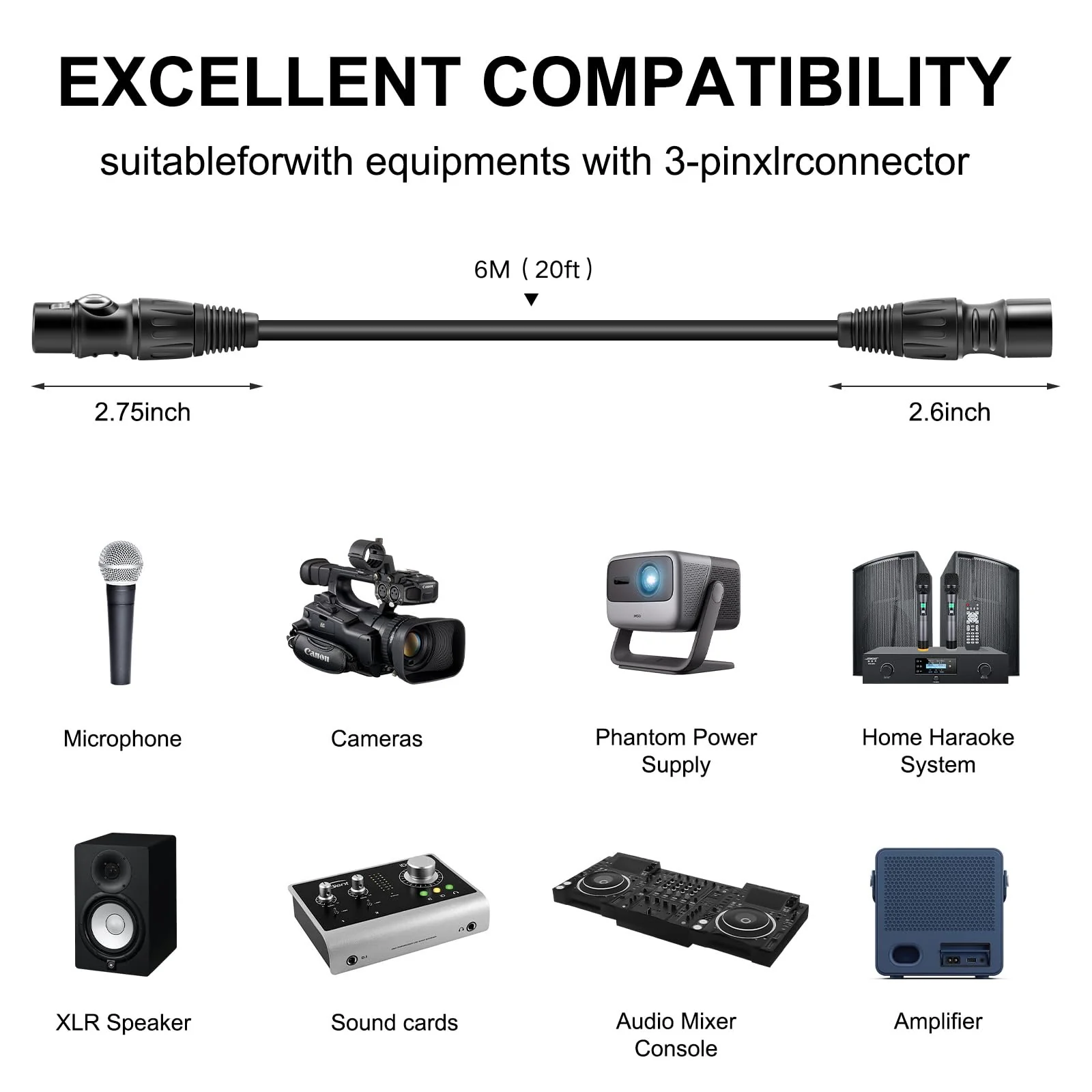 XLR Cables, 20ft Microphone Cable, 3 Pin XLR Balanced Male to Female Mic Cord, XLR Speaker Cable, Black 20 Feet - Image 3