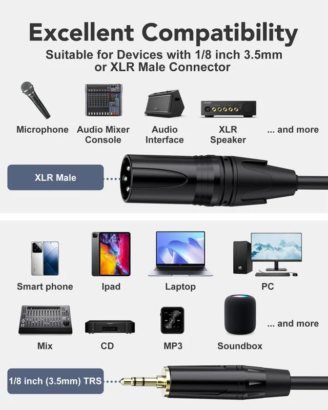 XLR Cables 25 ft XLR to 3.5mm 1/8 inch TRS Mic Cable 3.5mm to XLR Microphone Cable, TRS to XLR Mic Cord Compatible with iPhone, iPod, MP3 Player, Laptop, Recorder and more-25 Feet 25FT (7.6m) xlr to 1/8 (3.5mm) Black - Image 4