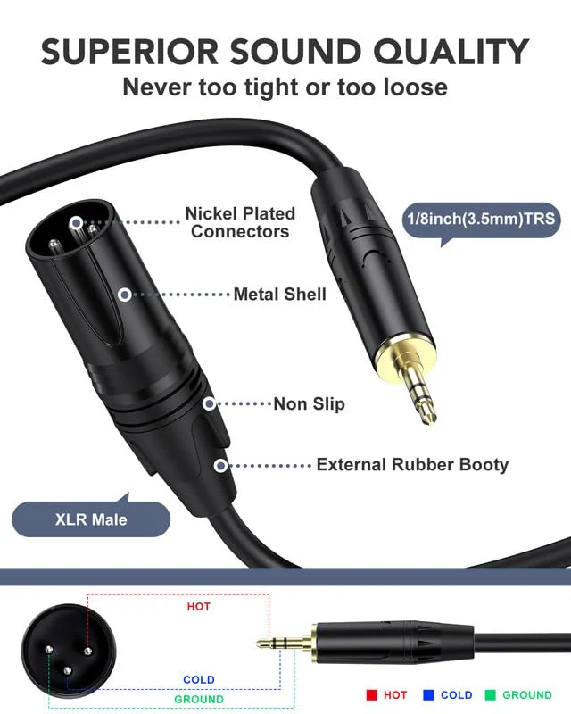 XLR Cables 25 ft XLR to 3.5mm 1/8 inch TRS Mic Cable 3.5mm to XLR Microphone Cable, TRS to XLR Mic Cord Compatible with iPhone, iPod, MP3 Player, Laptop, Recorder and more-25 Feet 25FT (7.6m) xlr to 1/8 (3.5mm) Black - Image 5