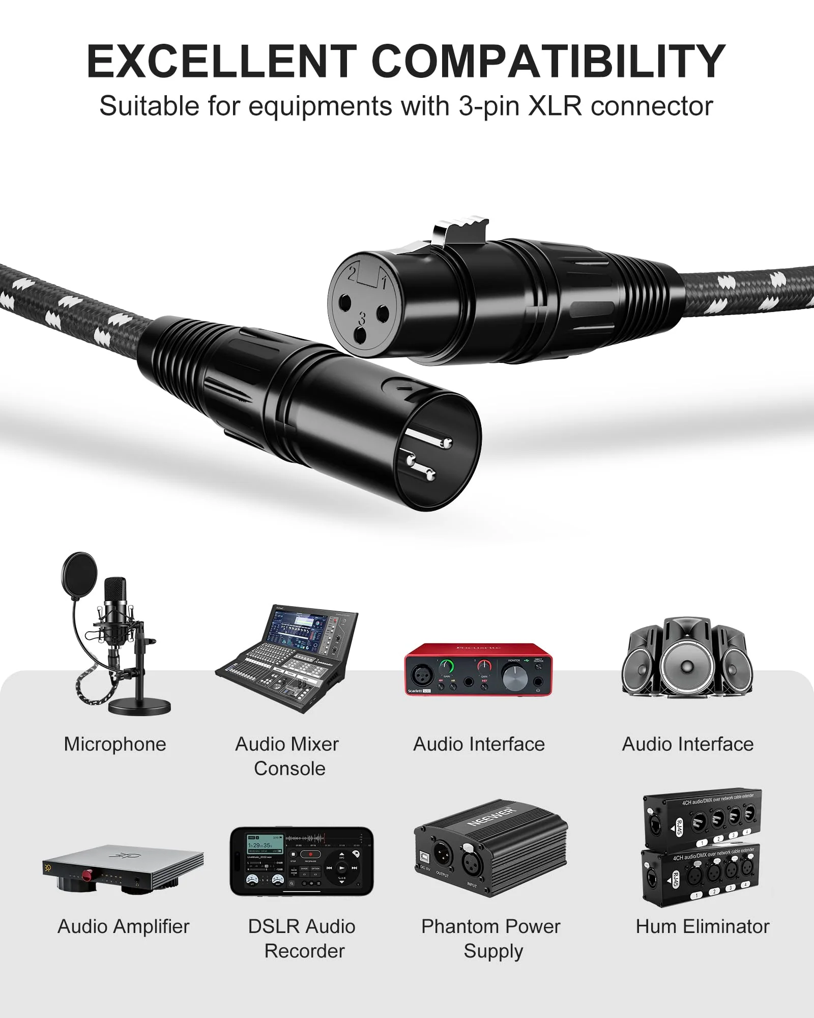 XLR Cables 25ft 2 Pack, Durable Nylon Braided XLR Microphone Cable, Mic Cable, Shielded and Fully Balanced OFC Male to Female Cord for Recording Mixer Amplifie Speaker Black White 25 Feet Black-White - Image 3