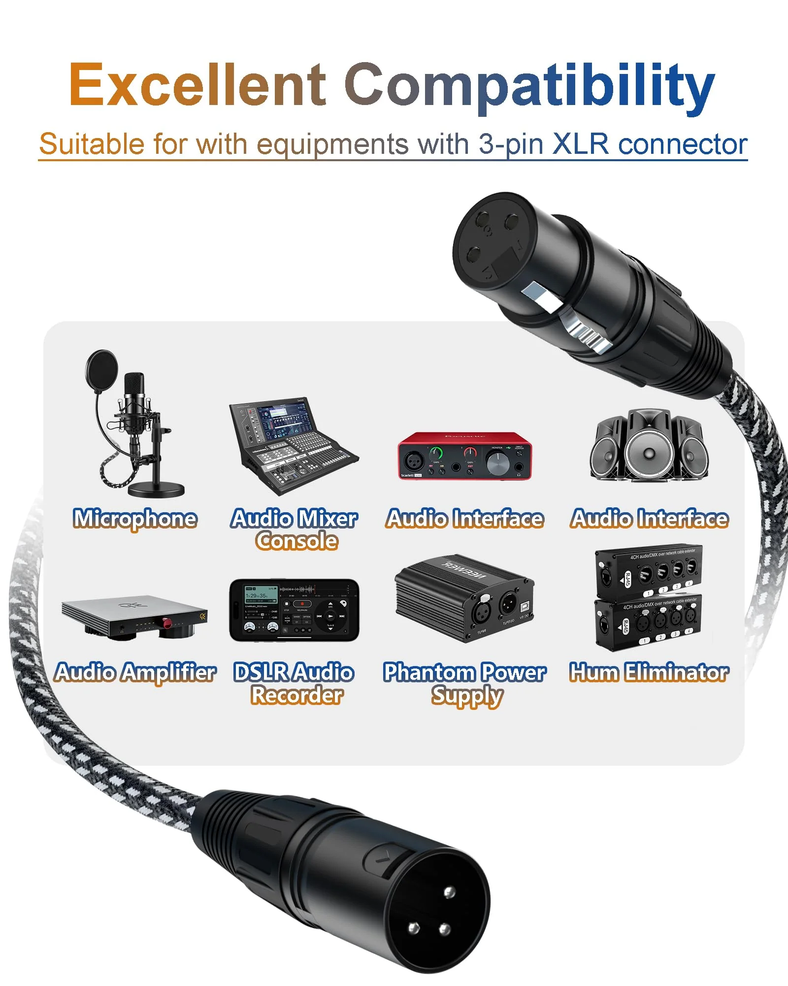XLR Cables 25ft 2 Pack Fully Balanced Nylon Braided XLR Mic Cord Male to Female Microphone Cable 3 pin Oxygen-Free Copper (OFC) for Studio Recording Live Production 25 Feet 25 Feet (7.6m) Nylon Black-White - Image 5