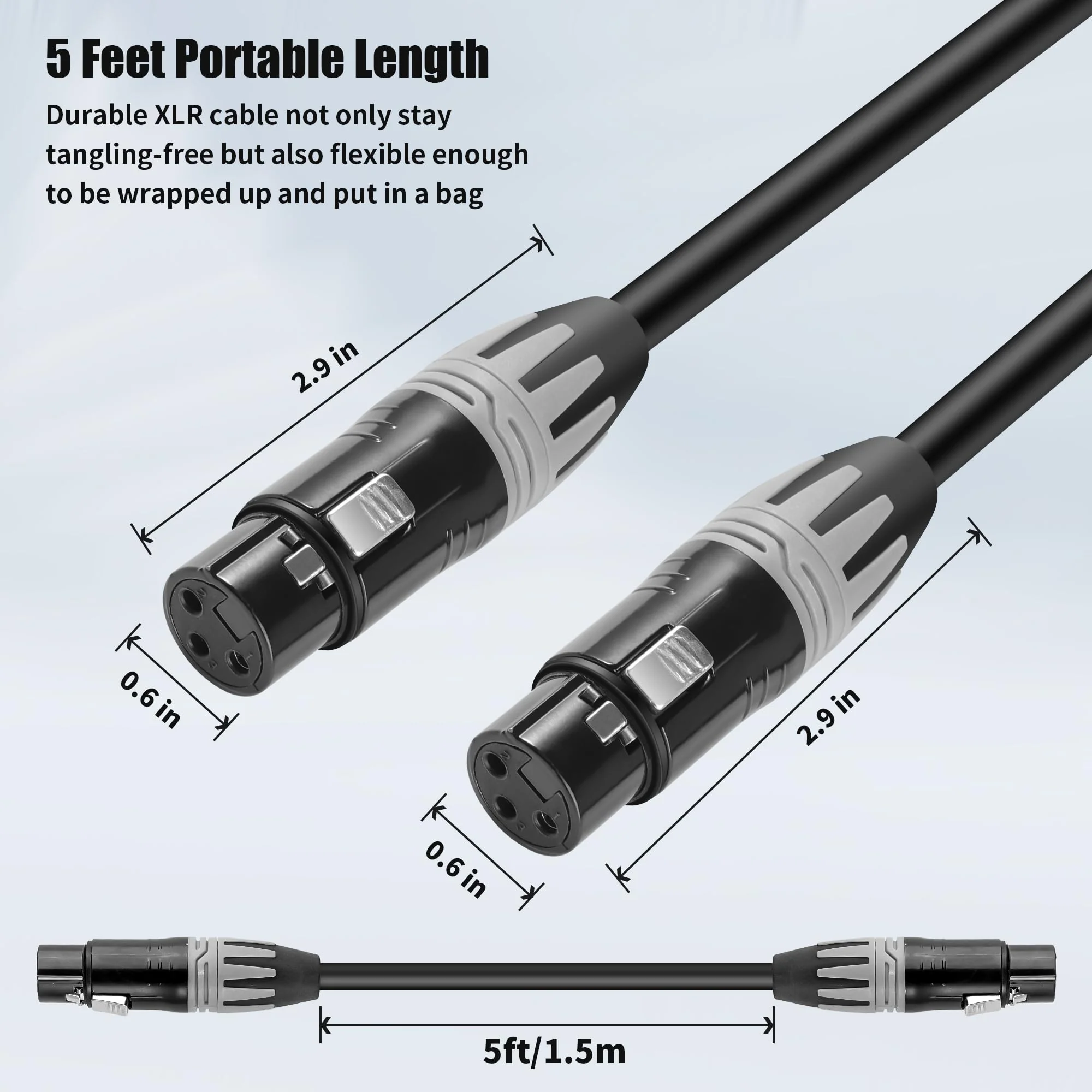 XLR Cables 5 Ft, 3-Pin XLR Female to Female Microphone Cables, Pro Grade 22 AWG (OFC) Balanced XLR Short Cables- 2 Pack 5 Feet - Image 2