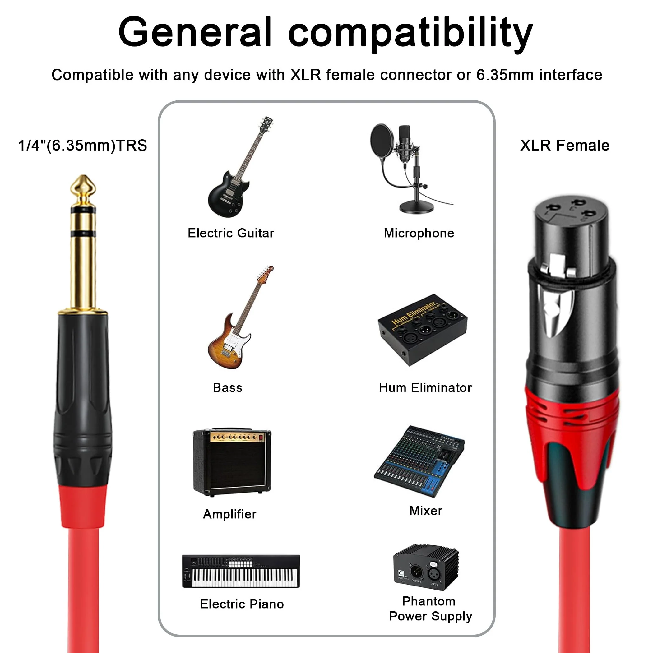 XLR Female to 1/4 (6.35mm) TRS Mono Jack Cable 25FT, 2 Pack, Red and Green, for Dynmic Microphone, Balanced 3 Pin XLR to TRS Plug Mic Cord, Plated Conductors - Image 4