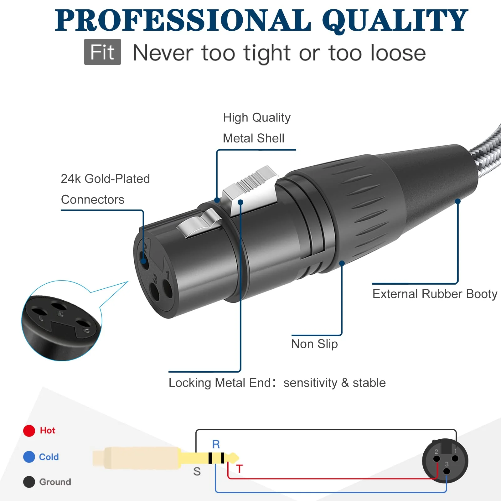 XLR Female to 1/4 Inch 6.35mm TRS Plug Balanced Interconnect Cable, XLR to Quarter inch Cable, 10 Feet, for Microphone,Mixer,Guitar,AMP,Speakers XLR Female to 1/4 TRS Male - Image 4