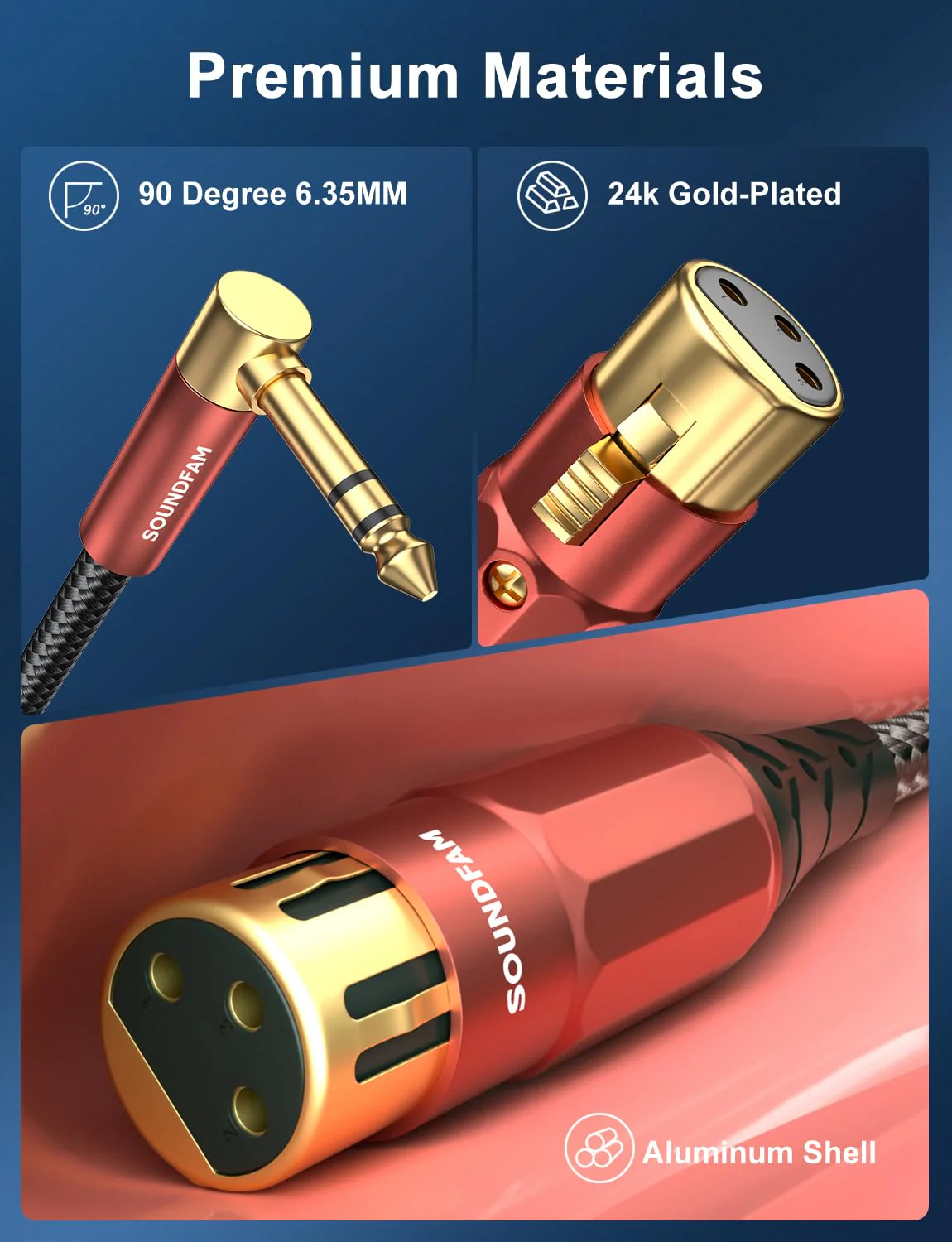 XLR Female to 1/4 Inch 90 Degree Right Angle 6.35mm TRS to XLR Female Balanced Interconnect Cable for Guitar, Subwoofer, Mixer, Microphone(16Feet/5M) 16 Feet Wine Red_XLR Female to 1/4" 6.35mm - Image 5