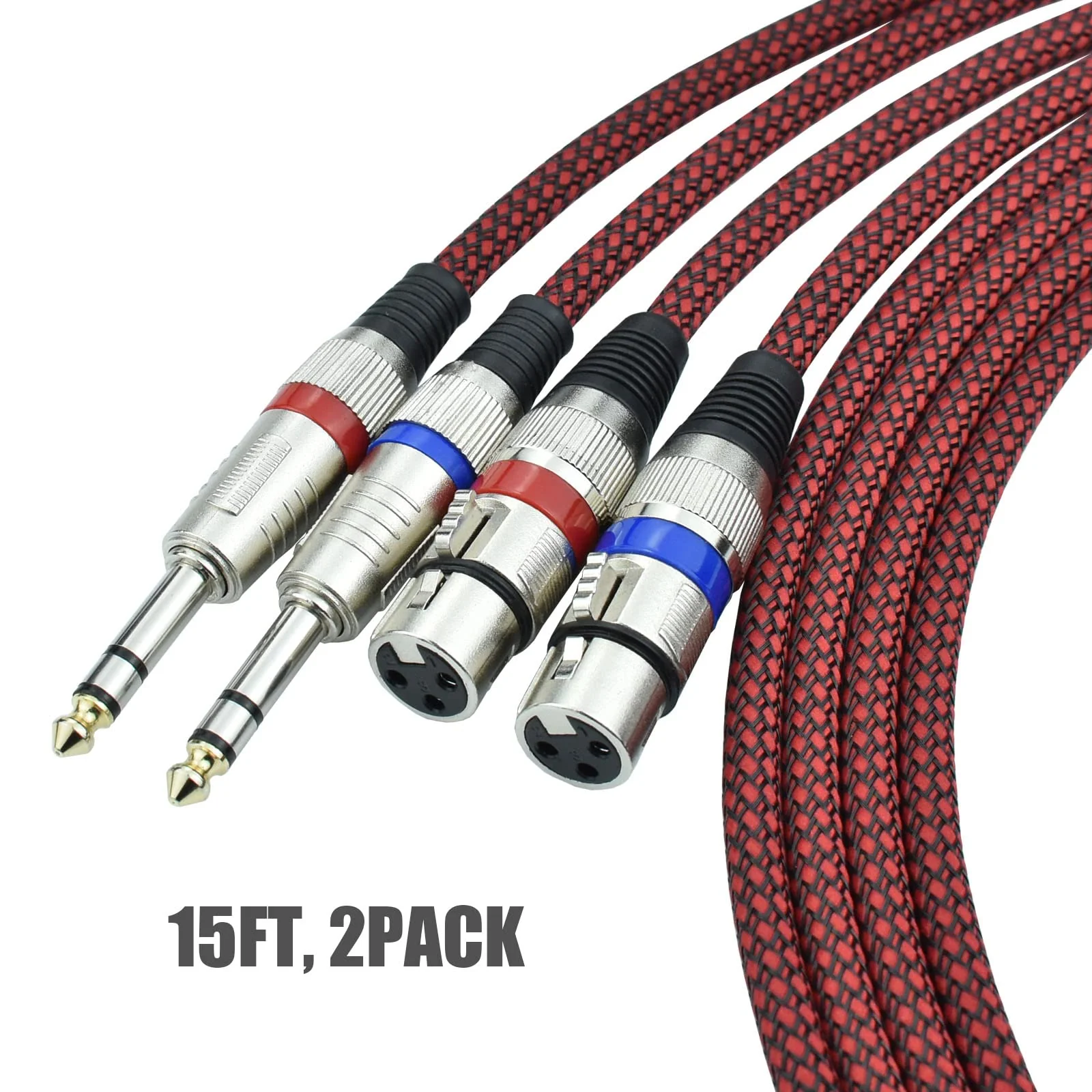XLR Female to 1/4" TRS Cable Adapter Balanced, 15 Feet 6.35 mm Stereo Quarter Inch TRS to XLR Microphone Cable, Nylon Braided, OFC Shielded, Red Color, for Mic/Speaker/Mixer - 2Pack 15Feet, 2Pack - Image 2