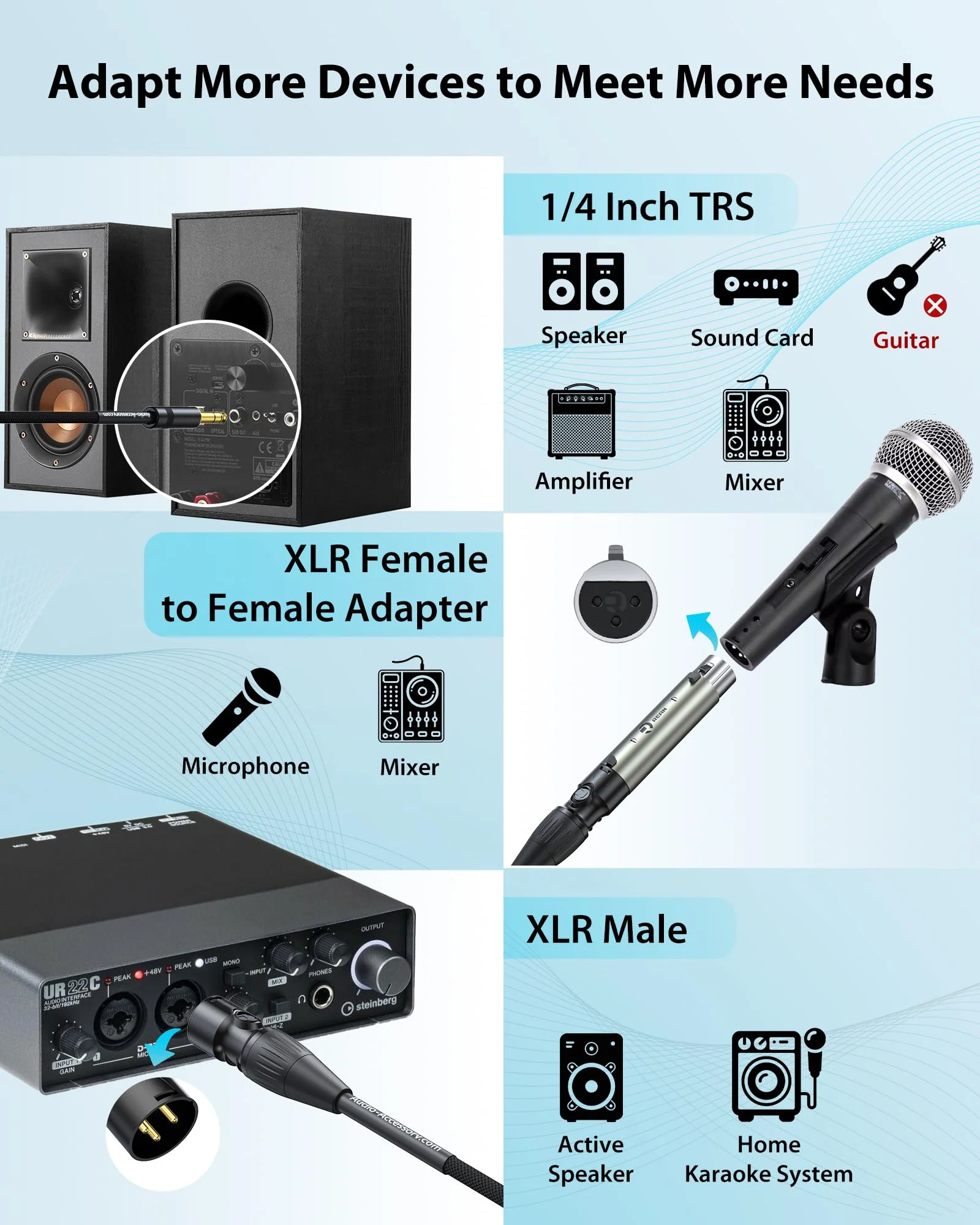XLR Male to 1/4 Cable with XLR Female to Female Adapter Bundle, Rean Connectors from Neutrik, Kevlar-Reinforced Nylon Braided TRS Cable, Balanced Quarter Inch Cord, 6ft, OFC XLR Male to 1/4 & XLR Adapter - Image 3