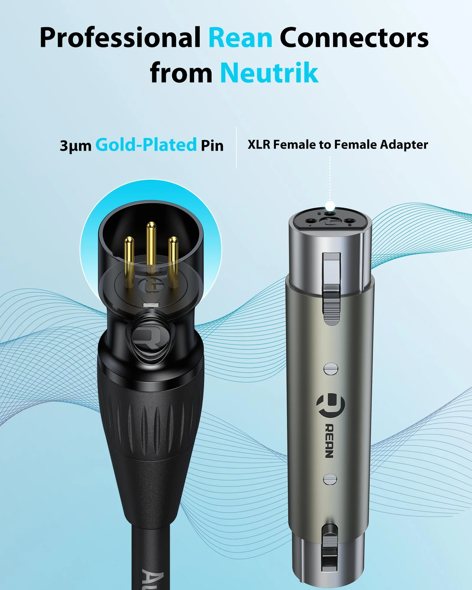 XLR Male to 1/4 Cable with XLR Female to Female Adapter Bundle, Rean Connectors from Neutrik, Kevlar-Reinforced Nylon Braided TRS Cable, Balanced Quarter Inch Cord, 6ft, OFC XLR Male to 1/4 & XLR Adapter - Image 4