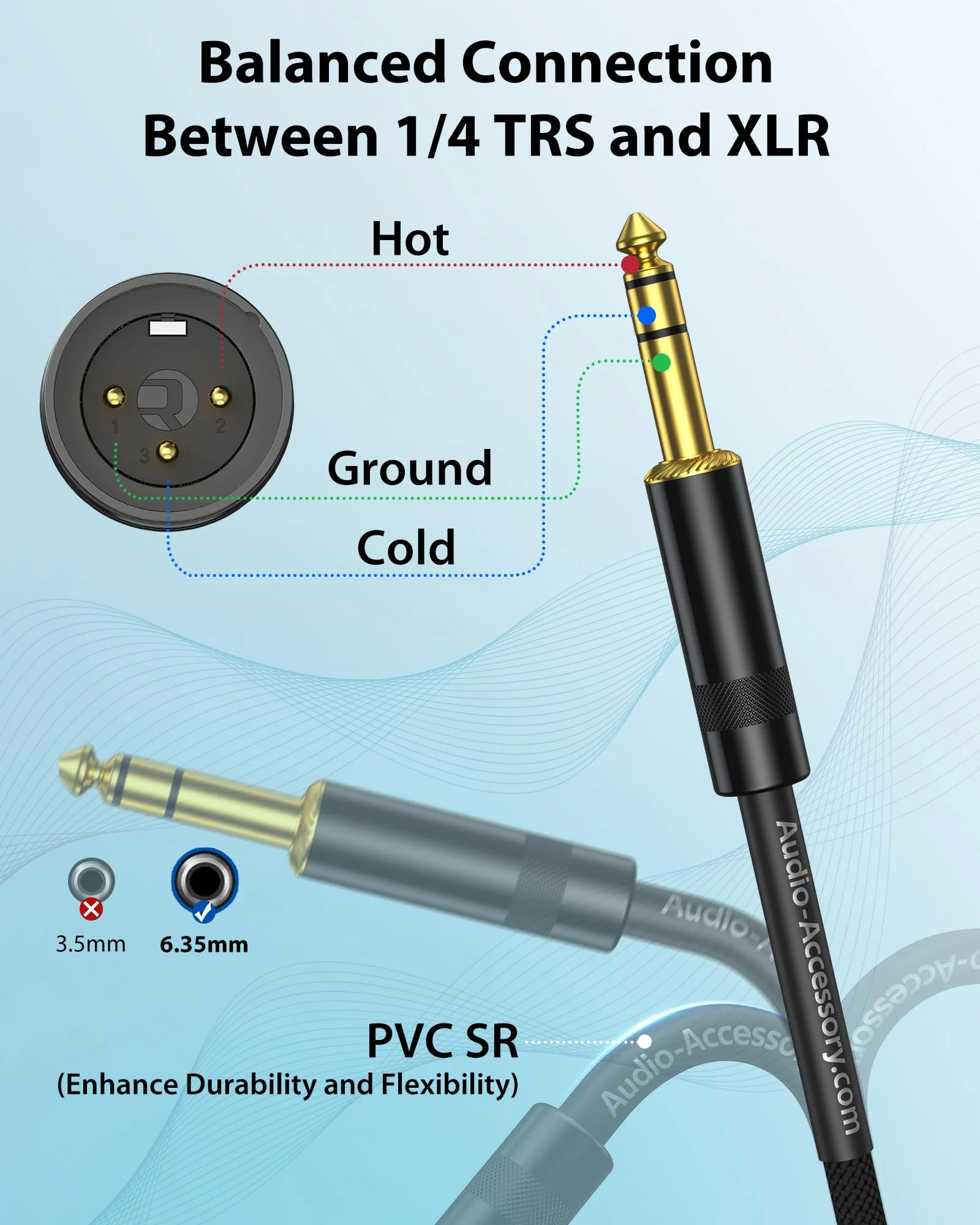 XLR Male to 1/4 Cable with XLR Female to Female Adapter Bundle, Rean Connectors from Neutrik, Kevlar-Reinforced Nylon Braided TRS Cable, Balanced Quarter Inch Cord, 6ft, OFC XLR Male to 1/4 & XLR Adapter - Image 8