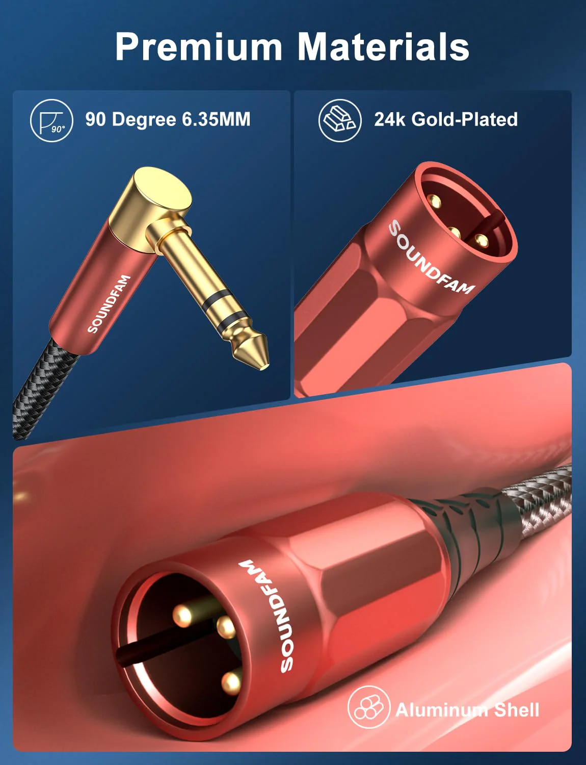 XLR Male to 1/4 Inch 90 Degree Right Angle 6.35mm TRS to XLR Male Balanced Interconnect Cable for Guitar, Subwoofer, Mixer, Amplifier(6Feet/2M) 6 Feet Wine Red_XLR Male to 1/4" 6.35mm - Image 5