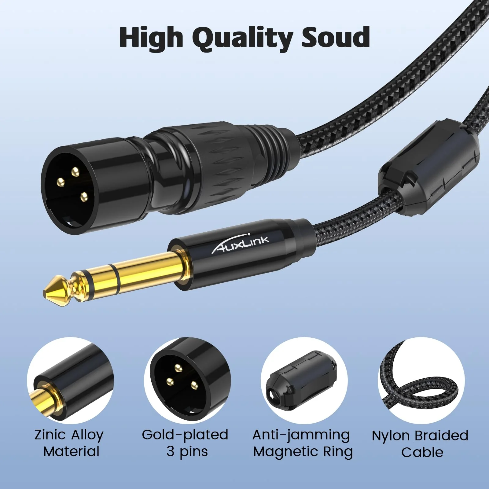 XLR Male to 1/4, TRS to 6.35mm 2Packs Gold-Plated Connectors Nylon Braided, Quarter Inch to XLR Male Cable for Speakers, Mixers, Amplifiers - 10ft XLR M ale 10ft 2pack XLR Male to 1/4 Cable - Image 4