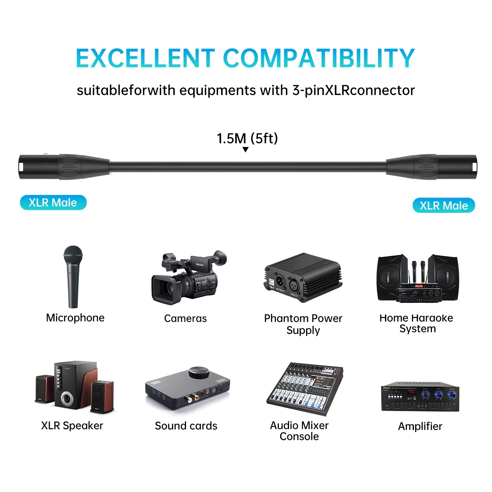 XLR Microphone Cable Male to Male, 3 Pin Male to Male Microphone Cable with Oxygen-Free Copper (5ft/1.5m, 2pack) - Image 2