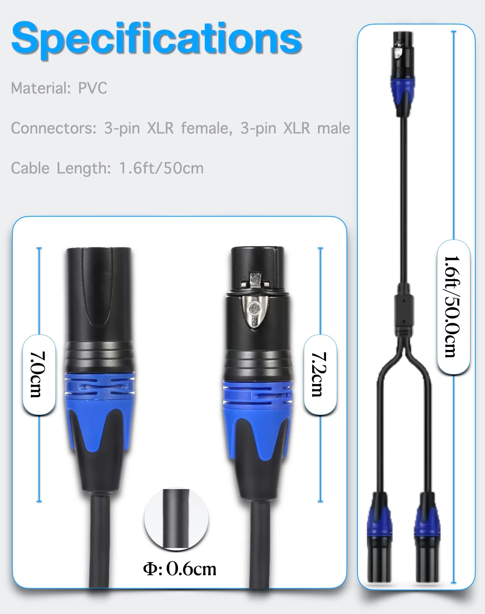 XLR Splitter Female to 2 Male Cable, XLR Microphone Cable, XLR Y Splitter Cable 1 Female 2 Male, 3 PIN XLR Jack to 2 XLR Plugs Adaptor Cord, 1.6 foot, blue - Image 3