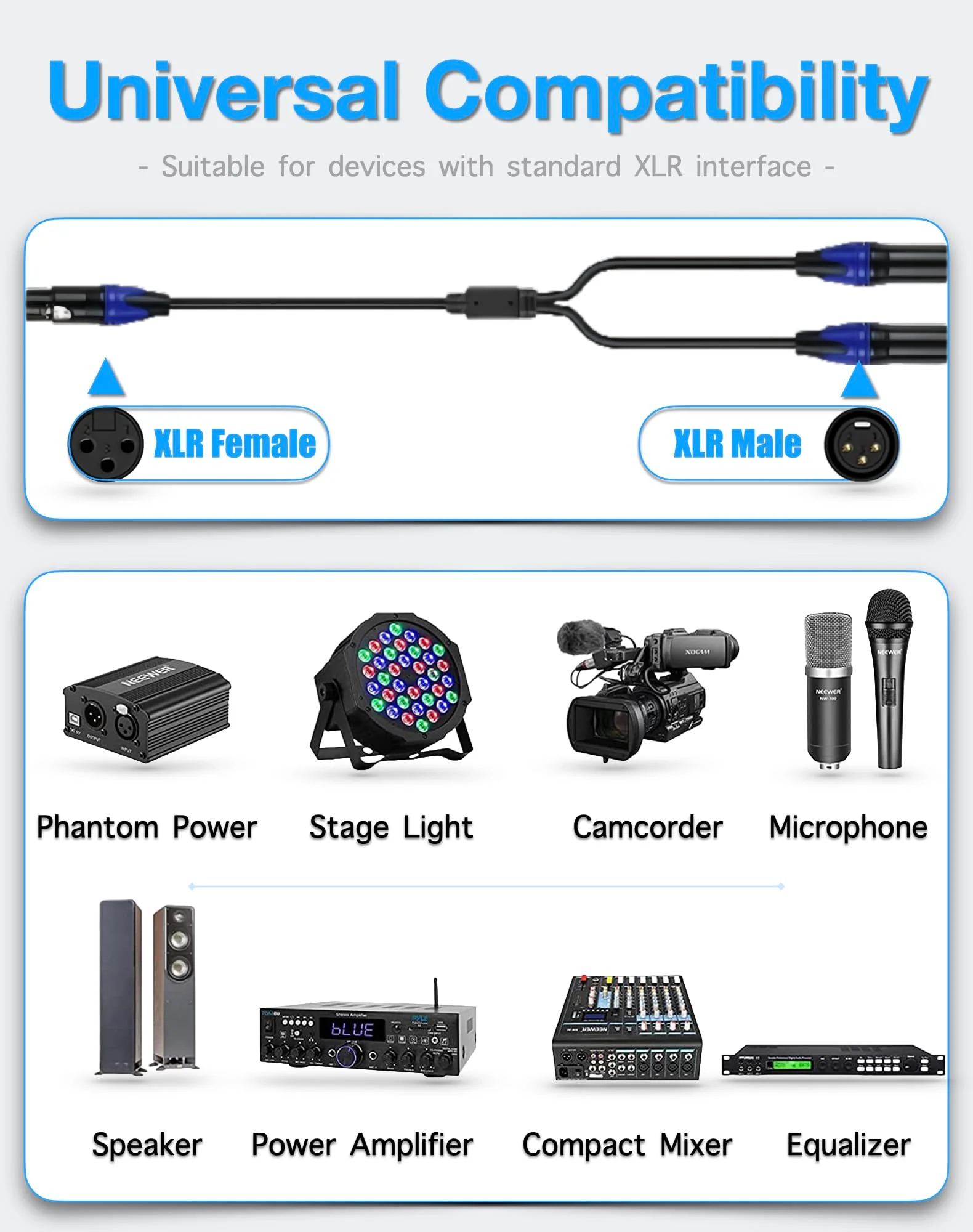 XLR Splitter Female to 2 Male Cable, XLR Microphone Cable, XLR Y Splitter Cable 1 Female 2 Male, 3 PIN XLR Jack to 2 XLR Plugs Adaptor Cord, 3,3 Foot, Blue - Image 4