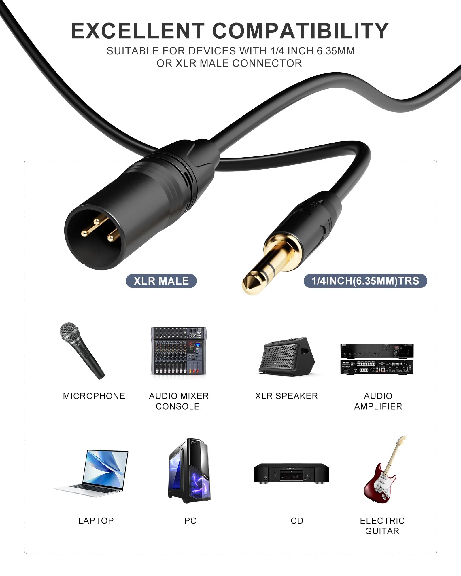 XLR to 1/4 Microphone Cable 15 FT 6.35mm TRS to XLR Male,1/4 to XLR Quarter Inch TRS to XLR Balanced Interconnect Mic Cord Patch Cable for Recording Speaker Amplifier Mixer 15FT（4.6m) xlr to 1/4 (6.35mm) Black - Image 5