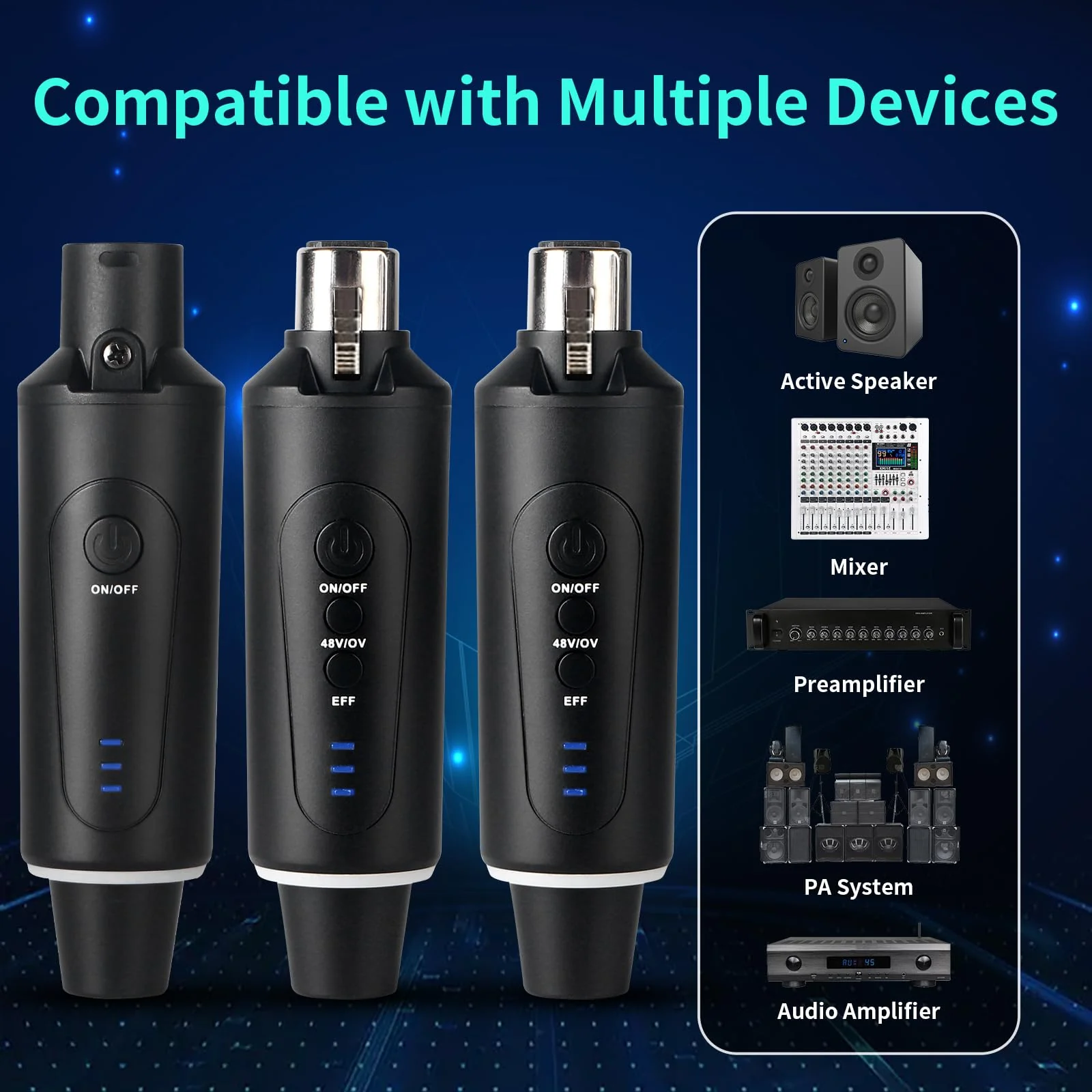 XLR Wireless Microphone System, Wireless Guitar Transmitter Receiver Plug-on for Dynamic and 48V Condenser Microphones, Audio Mixer, with 48V Phantom Power and Reverb Switch (2 transmitter,1 receiver) - Image 2