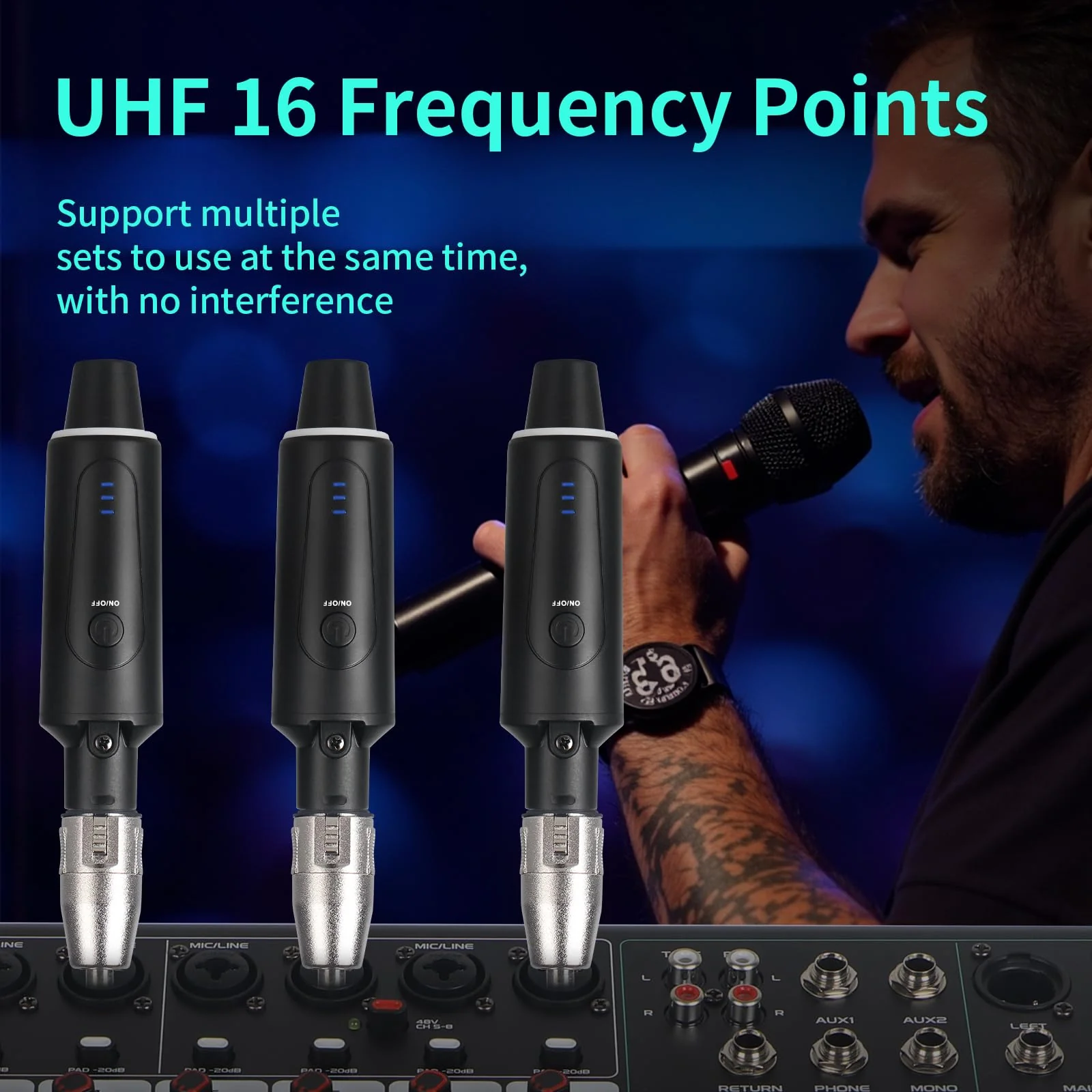 XLR Wireless Microphone System, Wireless Guitar Transmitter Receiver Plug-on for Dynamic and 48V Condenser Microphones, Audio Mixer, with 48V Phantom Power and Reverb Switch (2 transmitter,1 receiver) - Image 4