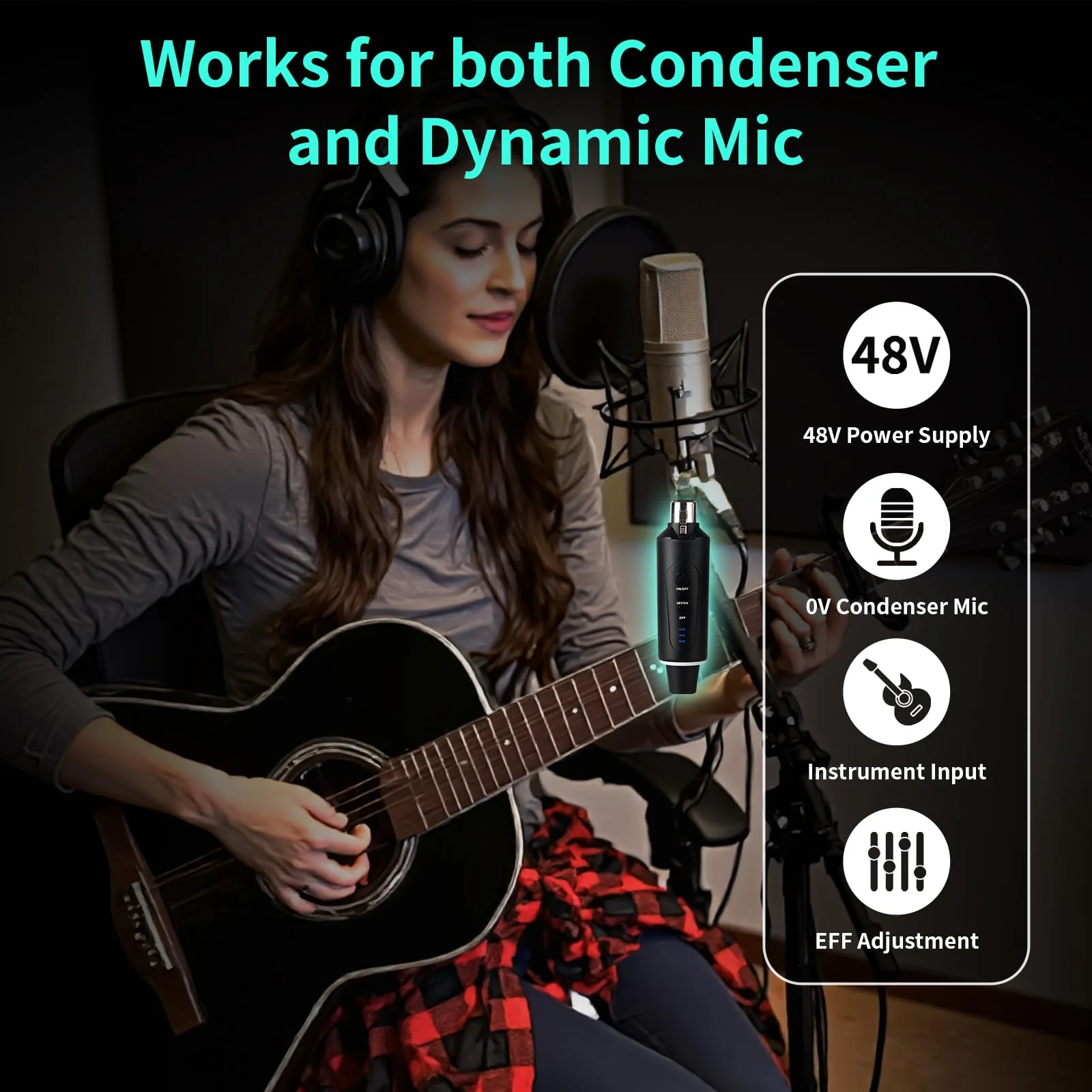 XLR Wireless Microphone System, Wireless Guitar Transmitter Receiver Plug-on for Dynamic and 48V Condenser Microphones, Audio Mixer, with 48V Phantom Power and Reverb Switch (2 transmitter,1 receiver) - Image 8