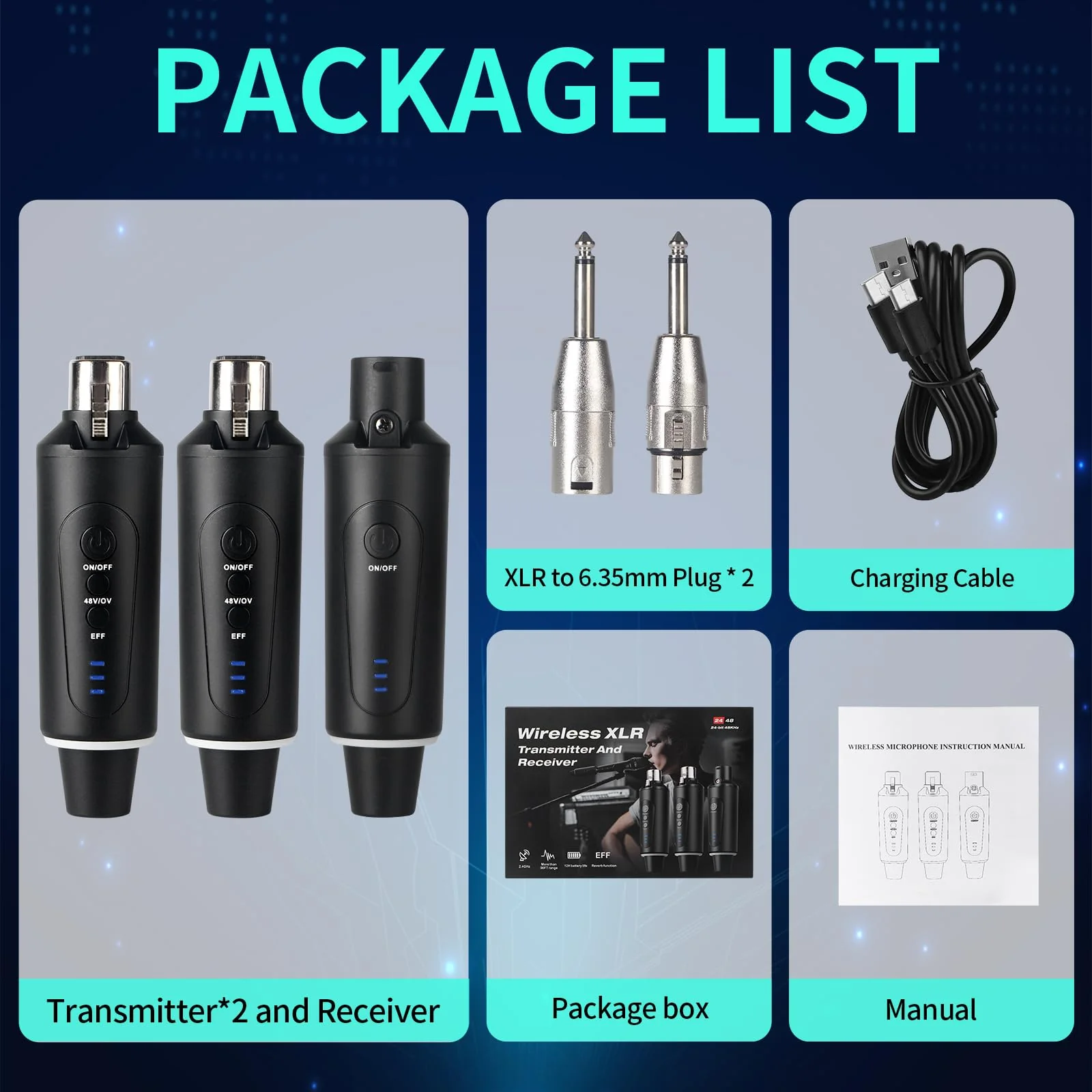 XLR Wireless Microphone System, Wireless Guitar Transmitter Receiver Plug-on for Dynamic and 48V Condenser Microphones, Audio Mixer, with 48V Phantom Power and Reverb Switch (2 transmitter,1 receiver) - Image 9