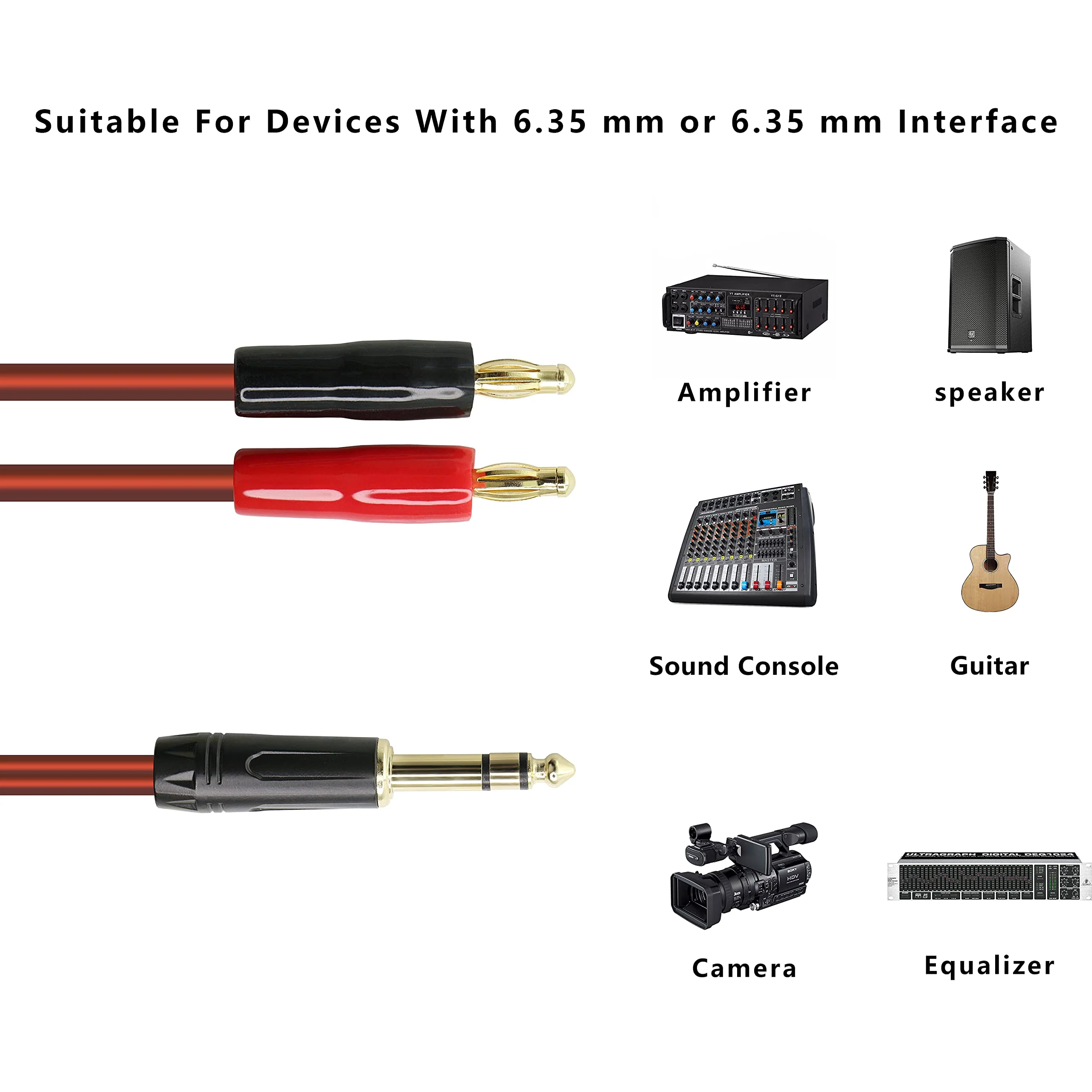 XMSJSIY 6.35mm 1/4 TRS to Banana Plug Speaker Cable, 6.35mm 3 Pole Speaker Cable with 4mm Banana Plug 2pcs OFC HiFi Speaker Wire for DJ Application Guitars Mixer Headphone Jack- (2m) (Pack of 2) 2 meters (Pack of 2) - Image 5