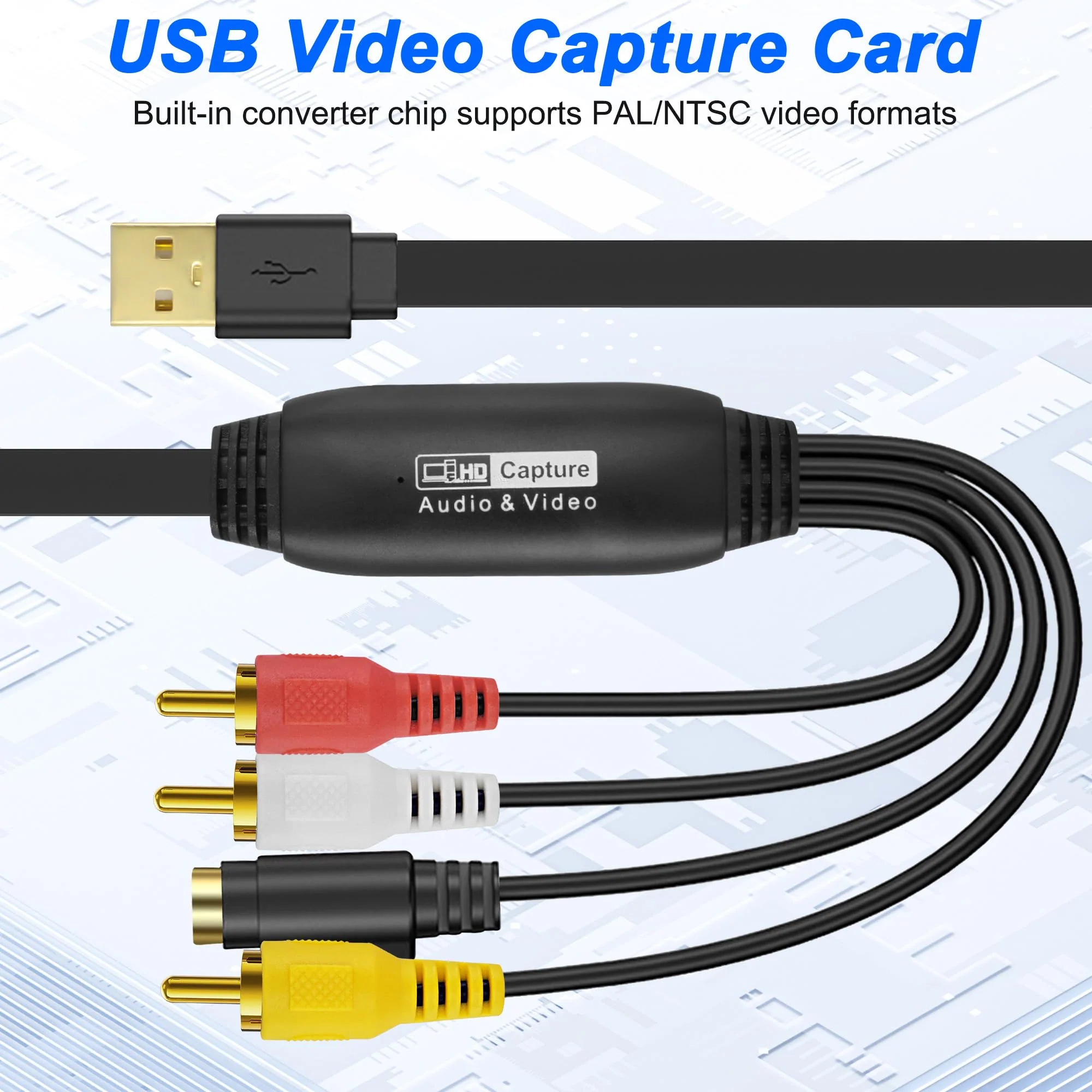XMSJSIY USB 2.0 Audio Video Capture Card S Video RCA to USB Digital Grabber Recorder CVBS VHS VCR to Digital Converter for DVD Player,Laptop,PC,Tape Recording -1.2M/3.9FT (S-Video+3 RCA Male to USB) S-video+3 RCA Male to USB - Image 4
