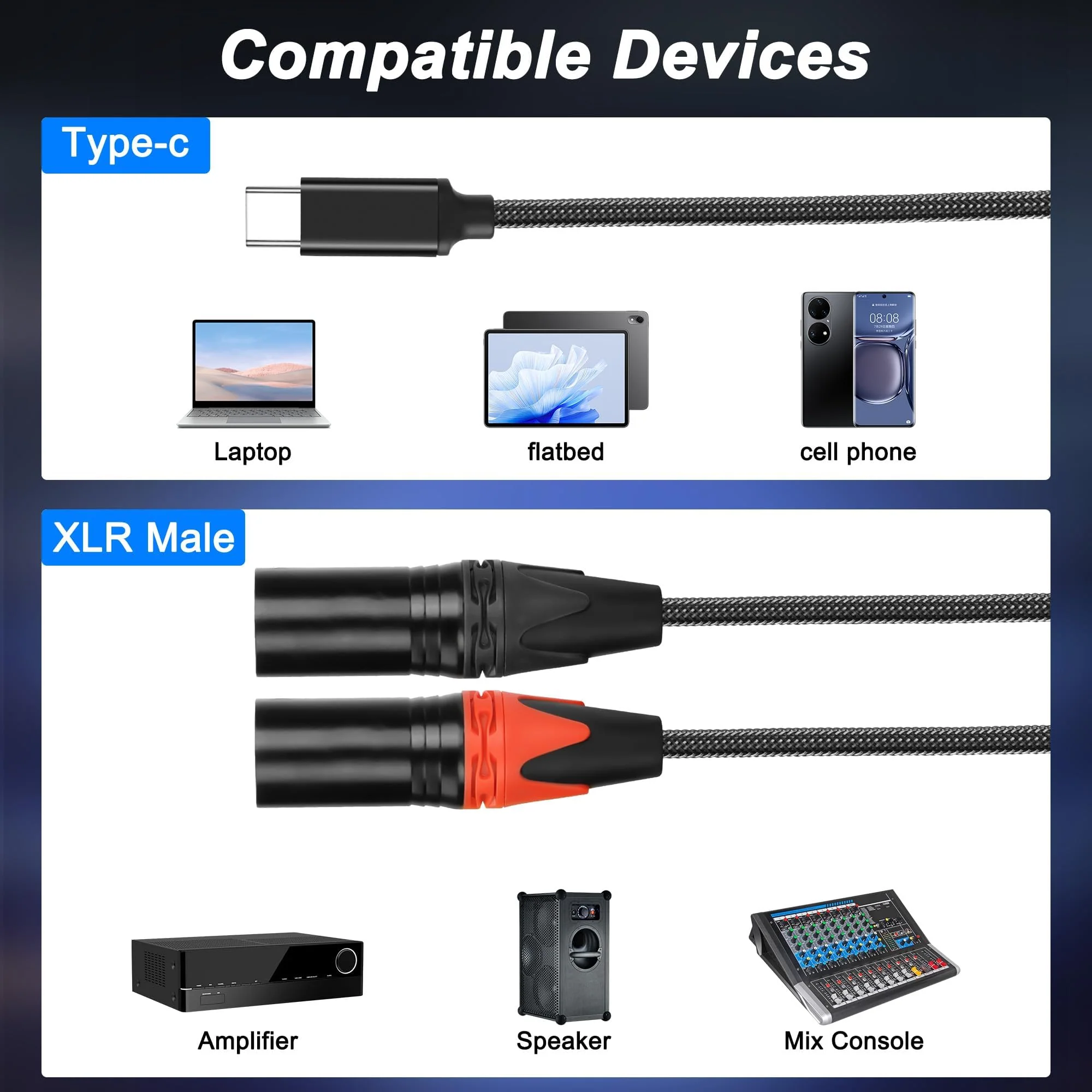 XMSJSIY USB C to Dual XLR Microphone Cable Type C Male to XLR Male Stereo Power Amplifier Cable Audio Connector Cable Compatible with PC Phone Tablet Power Amplifier Audio Cable - 2M/6.56FT - Image 6