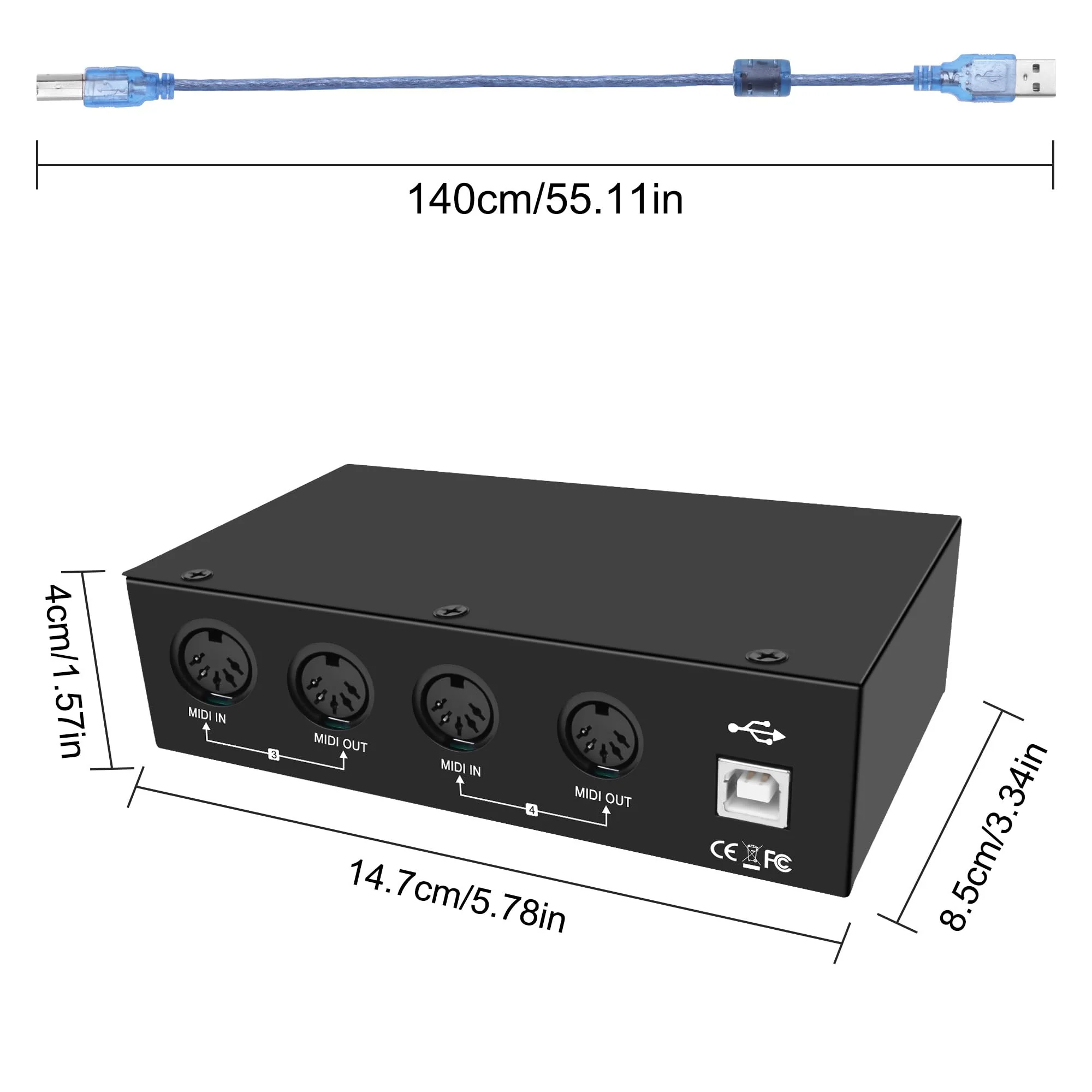 XMSJSIY USB MIDI Interface Box 4 In 4 Out 64 Channel MIDI Thru Box 4 * 4 Converter with Router Merge Splitter Thru Hub with LED Indicators for PC Mac and USB MIDI instruments - 1PCS - Image 2