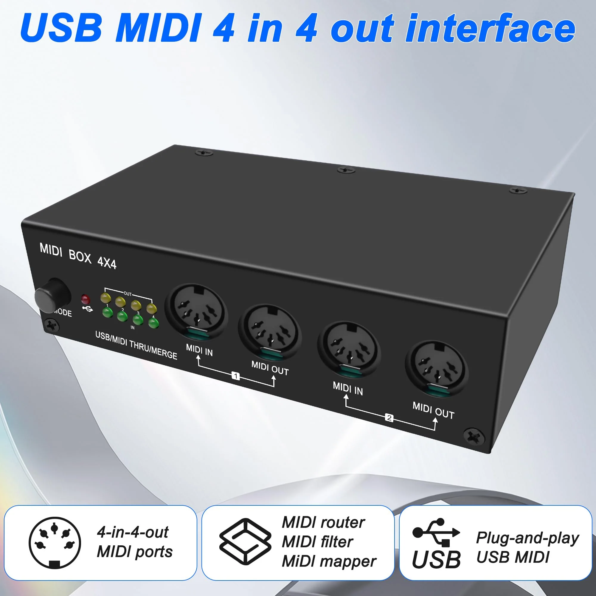 XMSJSIY USB MIDI Interface Box 4 In 4 Out 64 Channel MIDI Thru Box 4 * 4 Converter with Router Merge Splitter Thru Hub with LED Indicators for PC Mac and USB MIDI instruments - 1PCS - Image 3