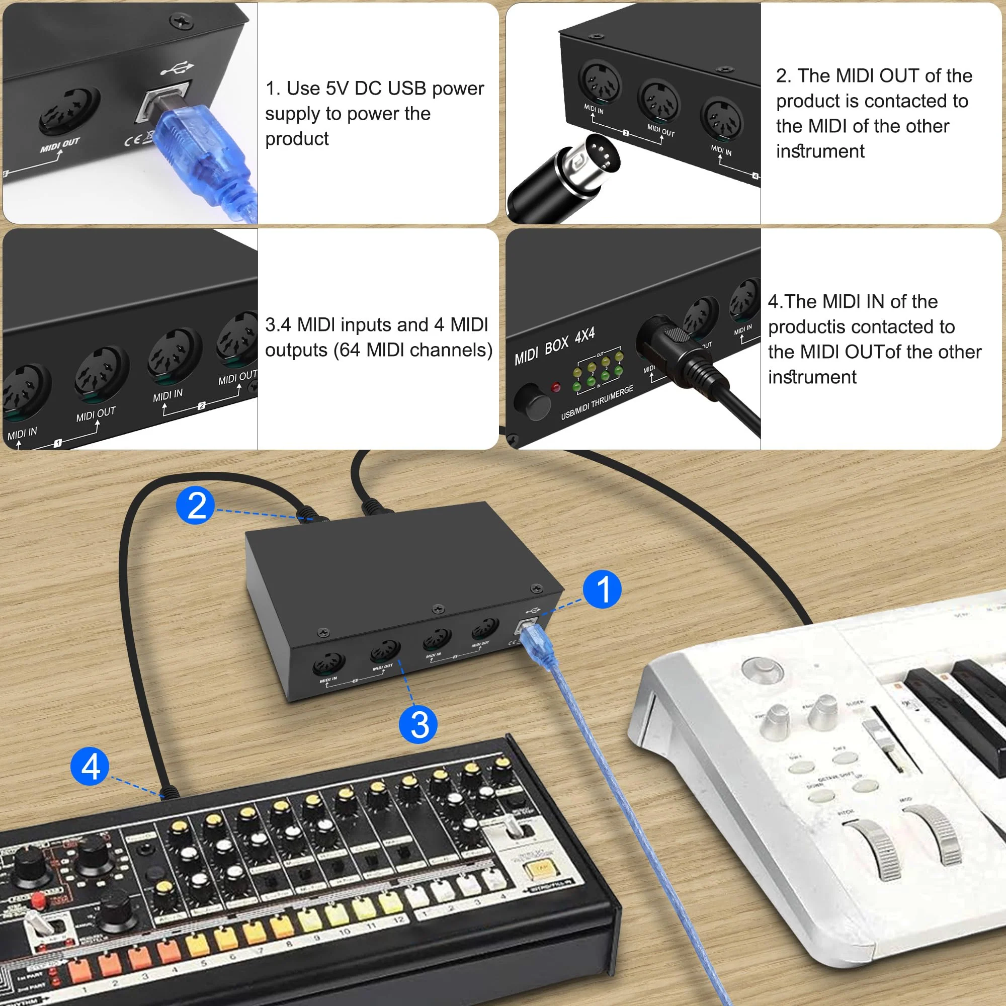 XMSJSIY USB MIDI Interface Box 4 In 4 Out 64 Channel MIDI Thru Box 4 * 4 Converter with Router Merge Splitter Thru Hub with LED Indicators for PC Mac and USB MIDI instruments - 1PCS - Image 5