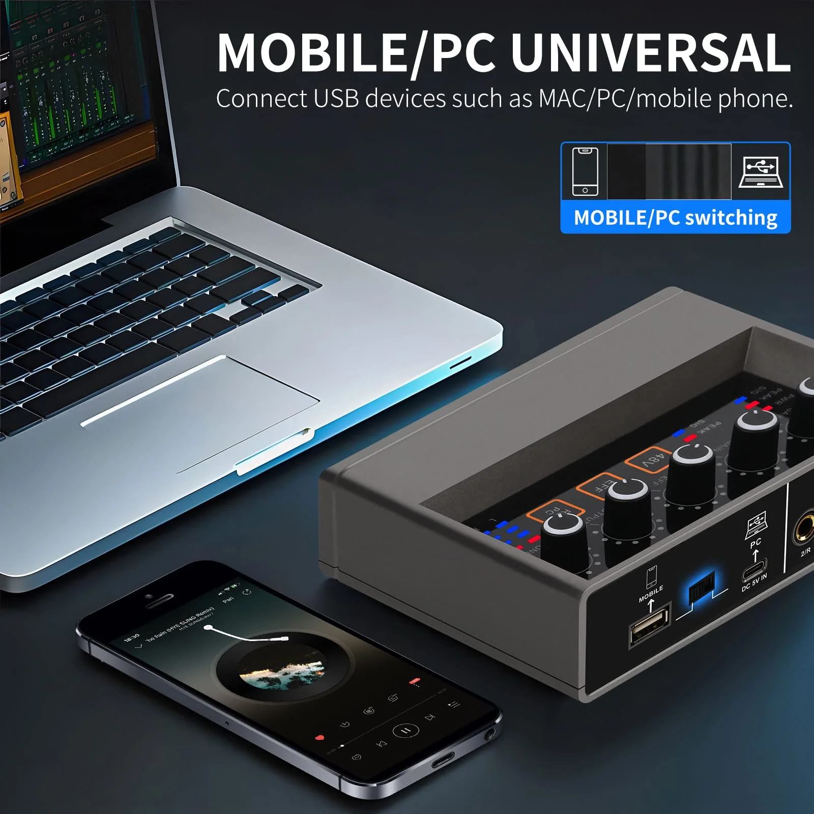 XTUGA USB Audio Interface for PC with Touch Model 16 bit/48 kHz, DSP Effect, 48V Phantom Power XLR Audio Interface for Recording Music, Live Streaming, Q-16 - Image 3