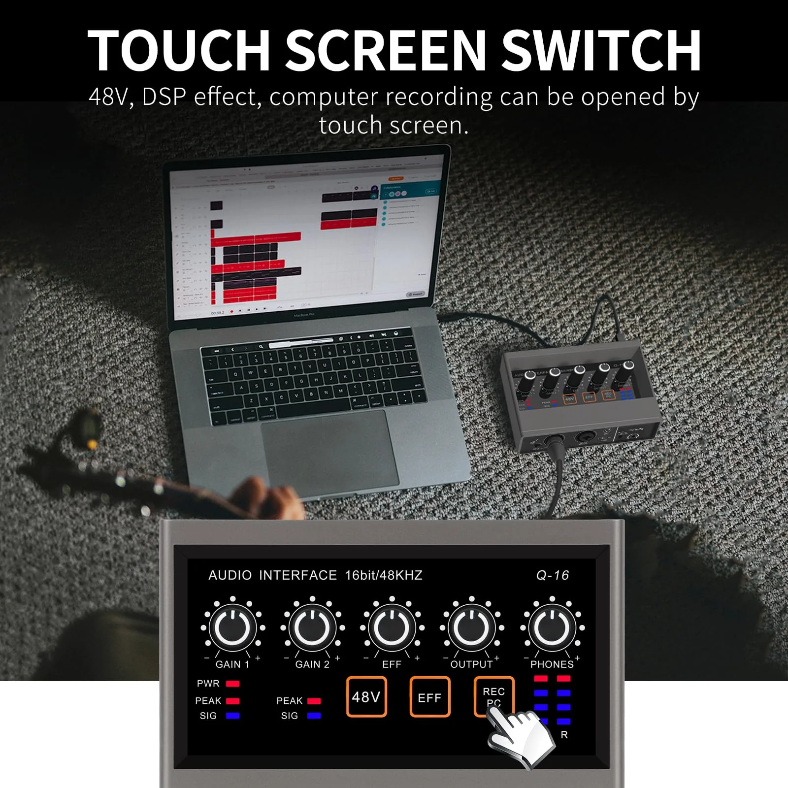 XTUGA USB Audio Interface for PC with Touch Model 16 bit/48 kHz, DSP Effect, 48V Phantom Power XLR Audio Interface for Recording Music, Live Streaming, Q-16 - Image 7