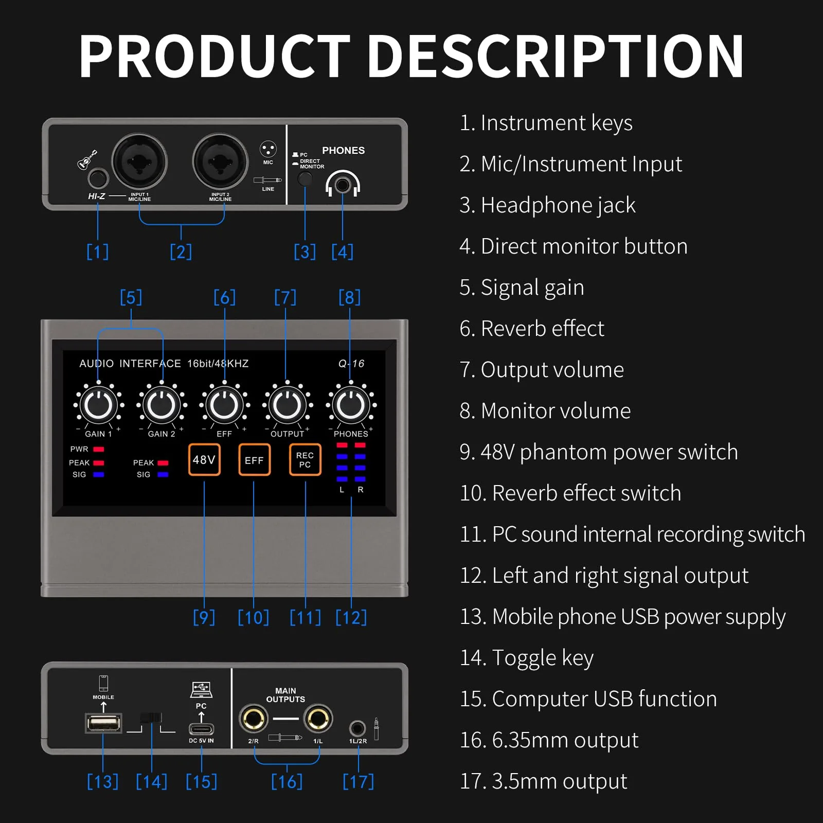 XTUGA USB Audio Interface for PC with Touch Model 16 bit/48 kHz, DSP Effect, 48V Phantom Power XLR Audio Interface for Recording Music, Live Streaming, Q-16 - Image 9