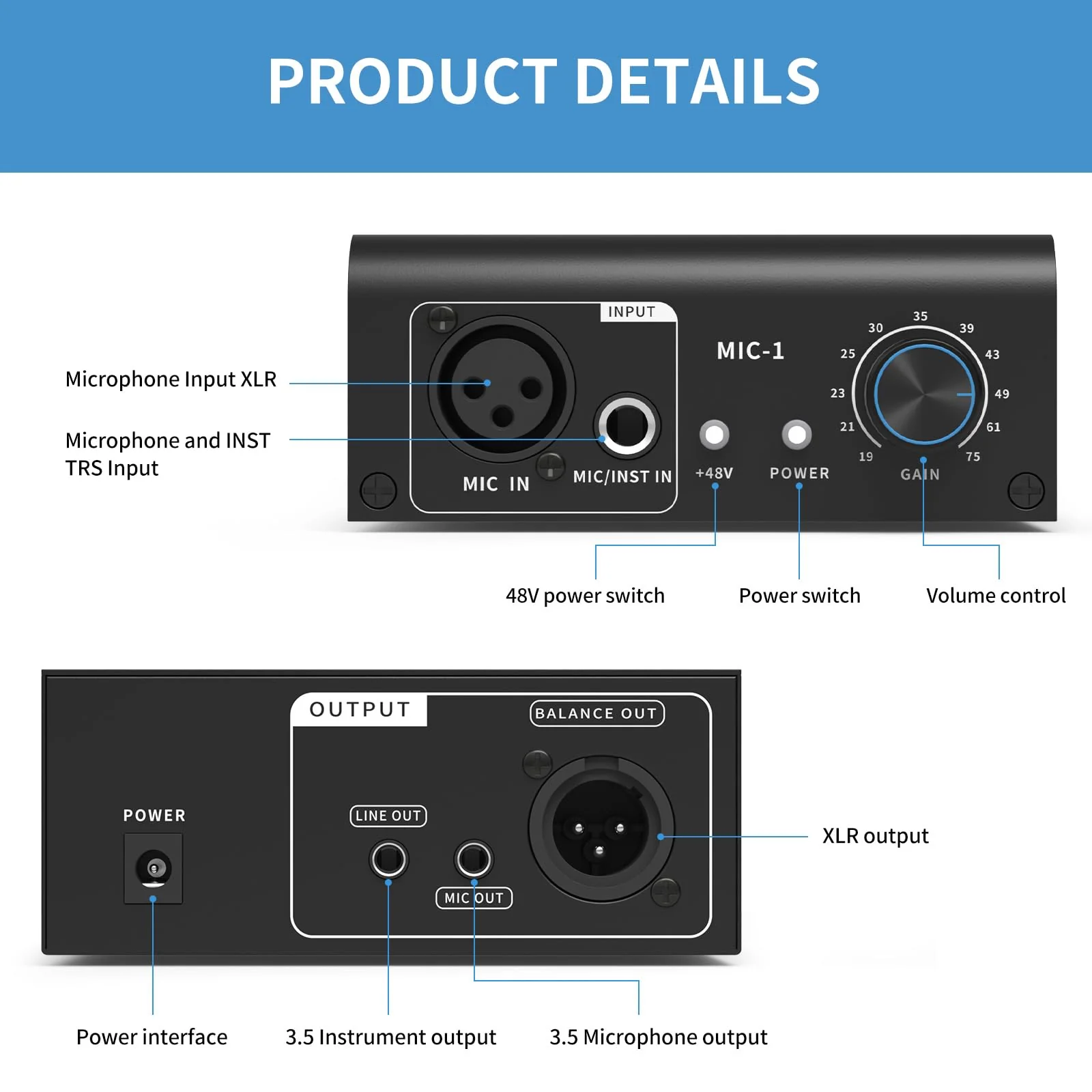 XTUGA XIC1 Microphone Preamp for Dynamic and Condenser Microphones Booster with 2 Input Max 75db Gain 48V Phantom Power XLR Output - Image 2