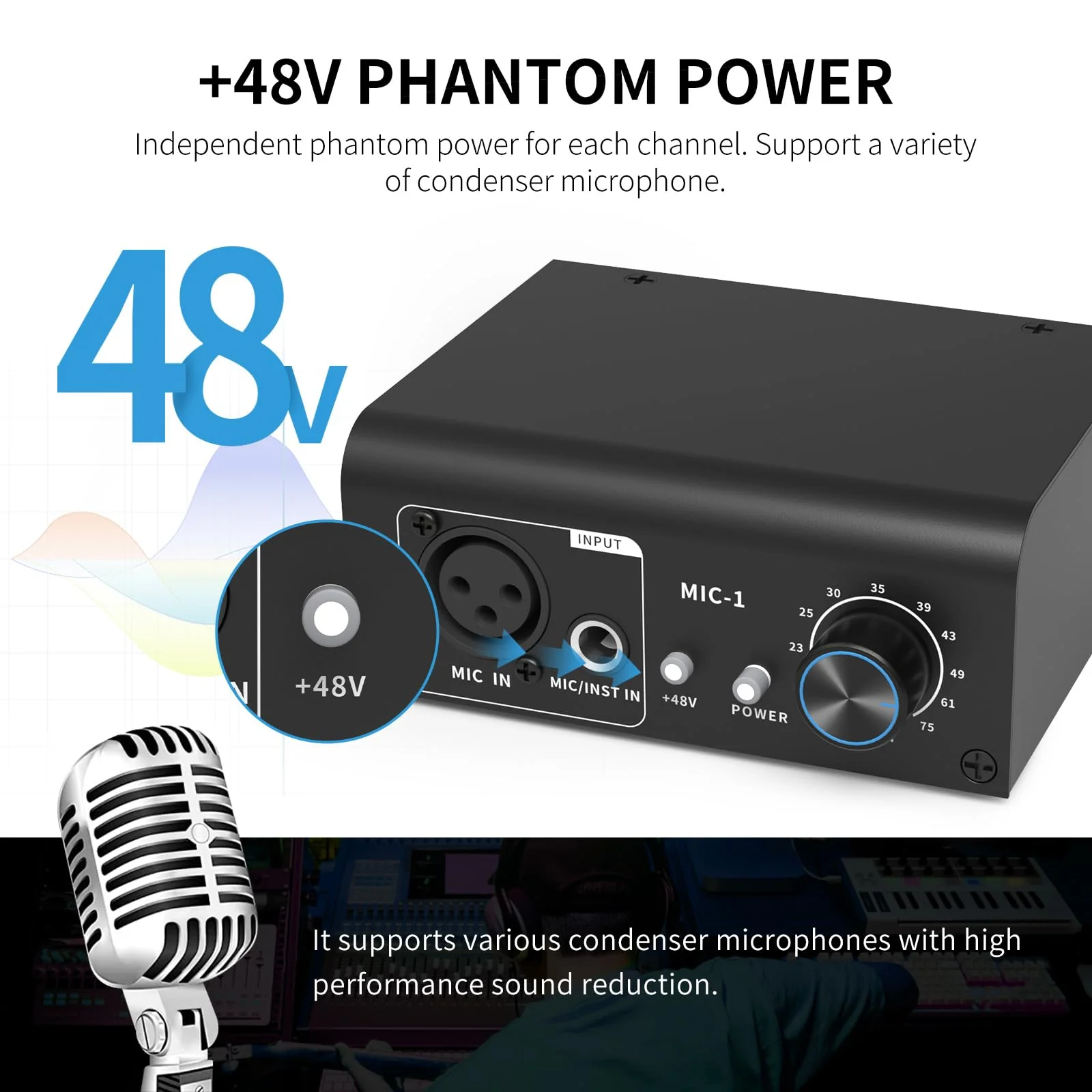 XTUGA XIC1 Microphone Preamp for Dynamic and Condenser Microphones Booster with 2 Input Max 75db Gain 48V Phantom Power XLR Output - Image 6