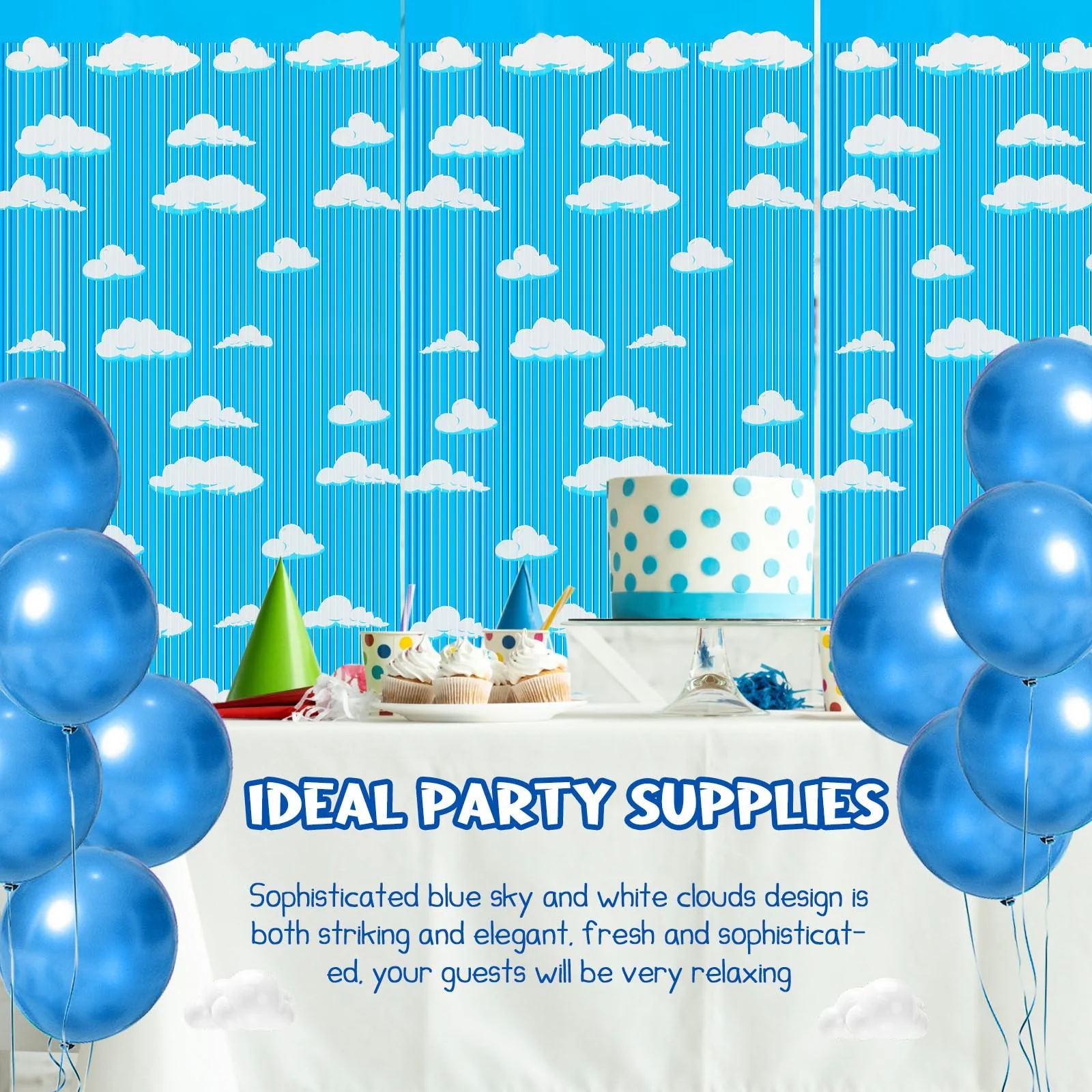 XunYee 3 Pack Blue Sky White Clouds Birthday Party Supplies, Clouds Theme Tinsel Foil Fringe Curtains Toy Party Supplies, Baby Kids Shower Cartoon Story Birthday Party Decorations - Image 2