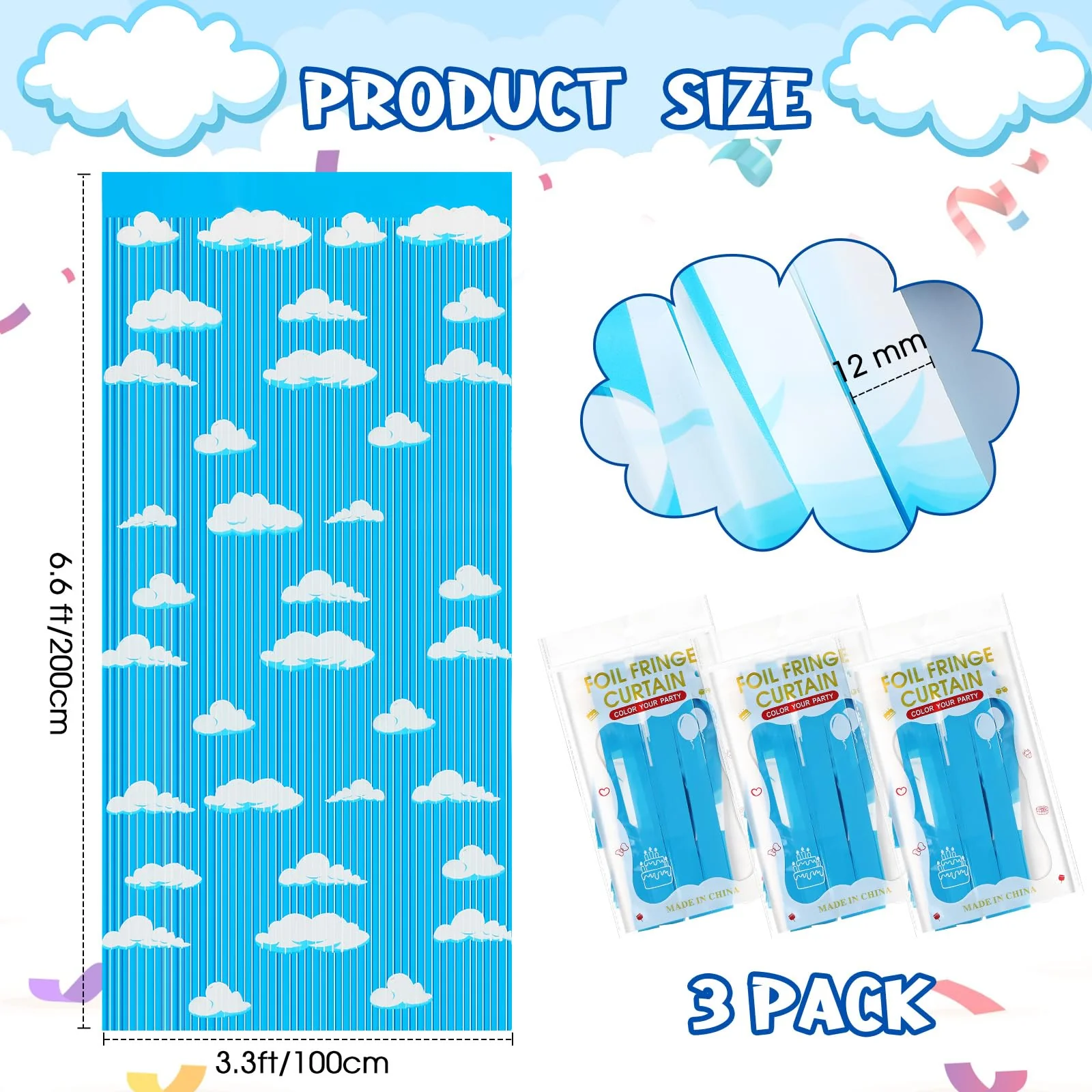 XunYee 3 Pack Blue Sky White Clouds Birthday Party Supplies, Clouds Theme Tinsel Foil Fringe Curtains Toy Party Supplies, Baby Kids Shower Cartoon Story Birthday Party Decorations - Image 3