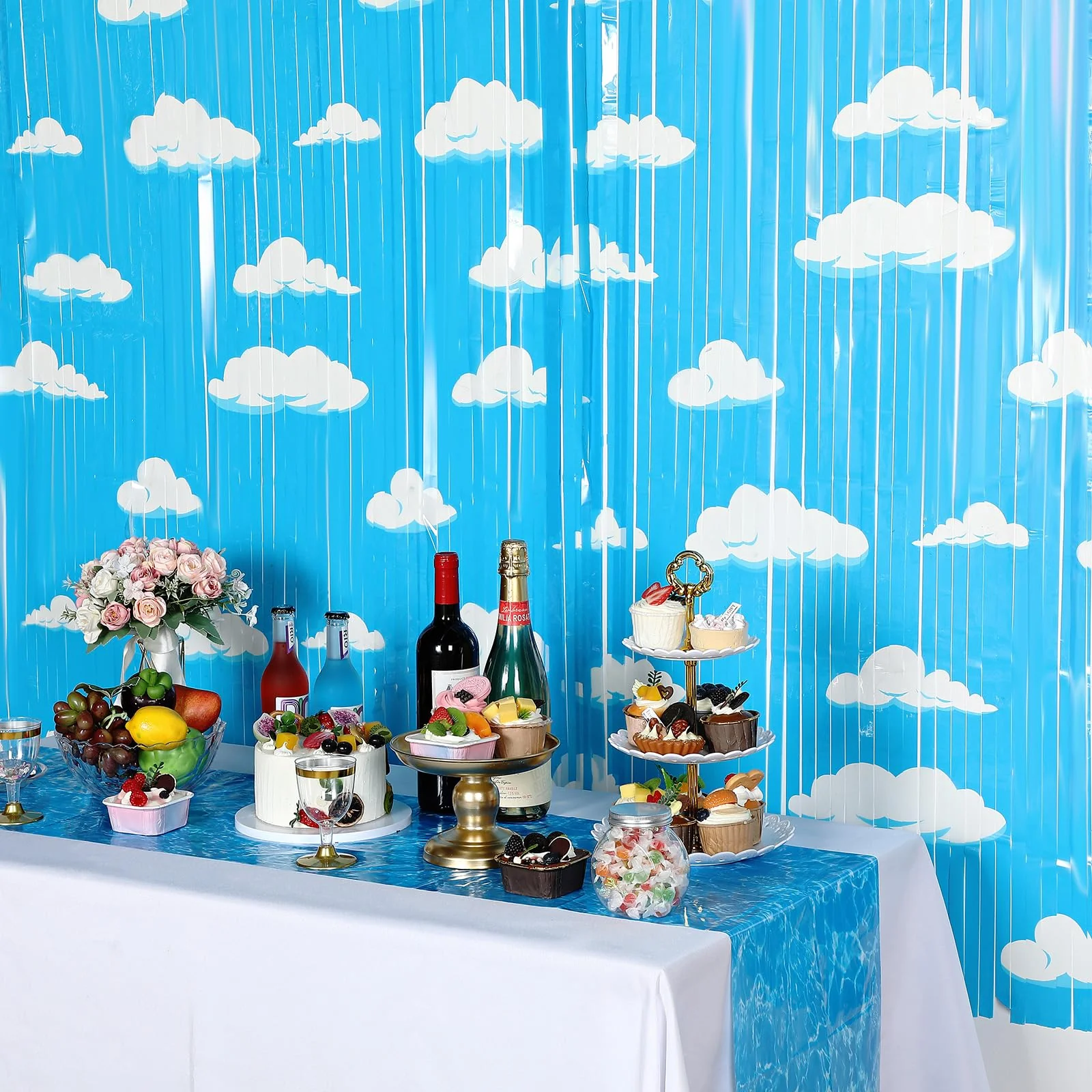 XunYee 3 Pack Blue Sky White Clouds Birthday Party Supplies, Clouds Theme Tinsel Foil Fringe Curtains Toy Party Supplies, Baby Kids Shower Cartoon Story Birthday Party Decorations - Image 7