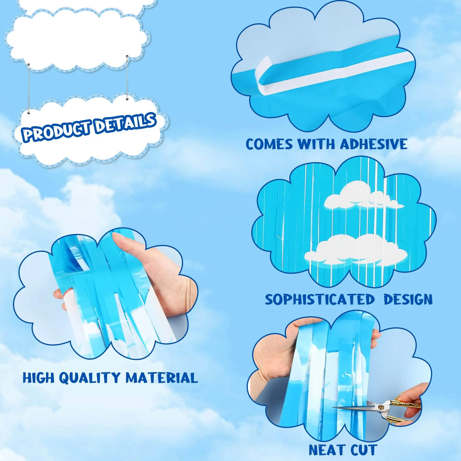 XunYee 5 Pack Blue Sky White Clouds Birthday Party Supplies, Clouds Theme Tinsel Foil Fringe Curtains Toy Party Supplies, Baby Kids Shower Cartoon Story Birthday Party Decorations - Image 4