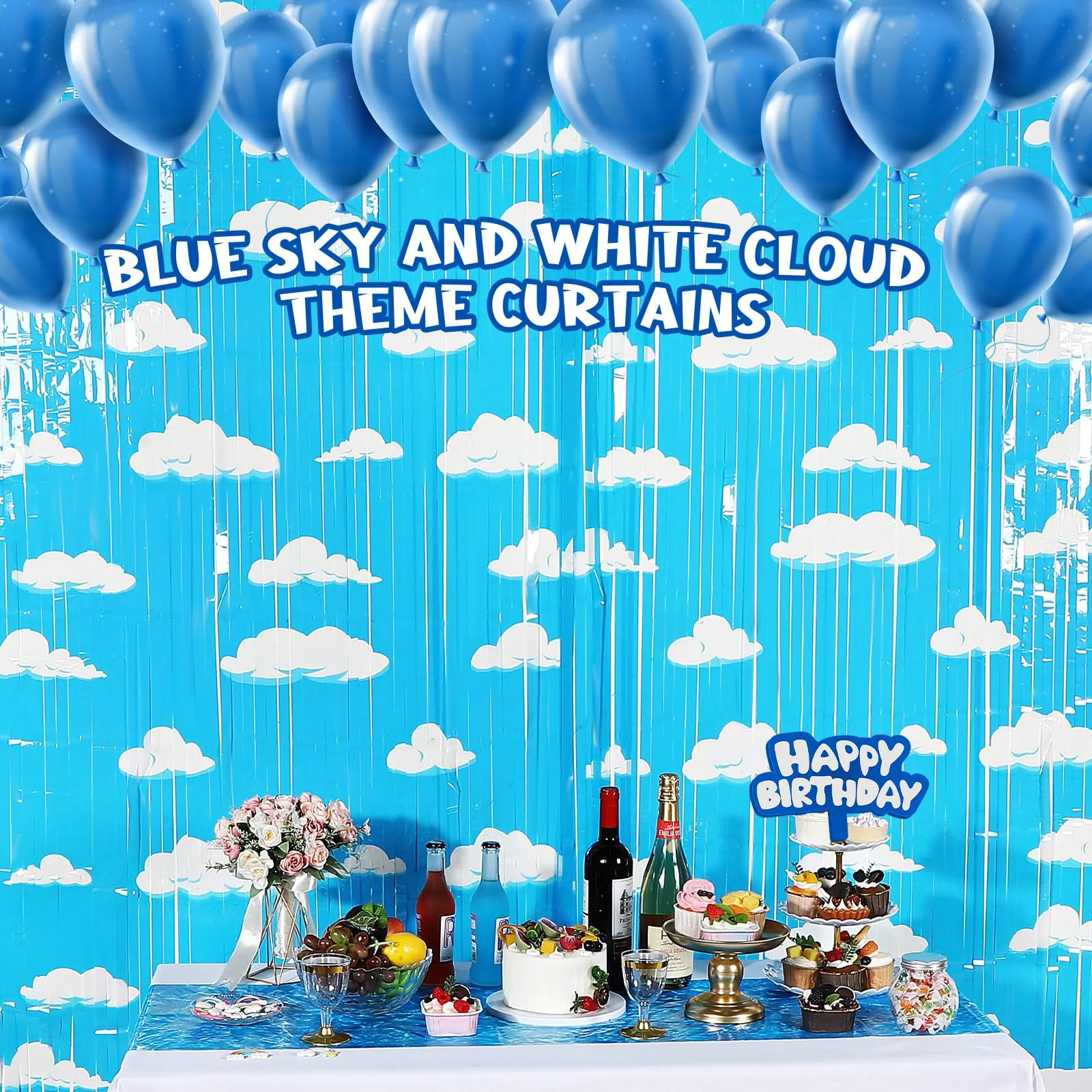XunYee 5 Pack Blue Sky White Clouds Birthday Party Supplies, Clouds Theme Tinsel Foil Fringe Curtains Toy Party Supplies, Baby Kids Shower Cartoon Story Birthday Party Decorations - Image 5