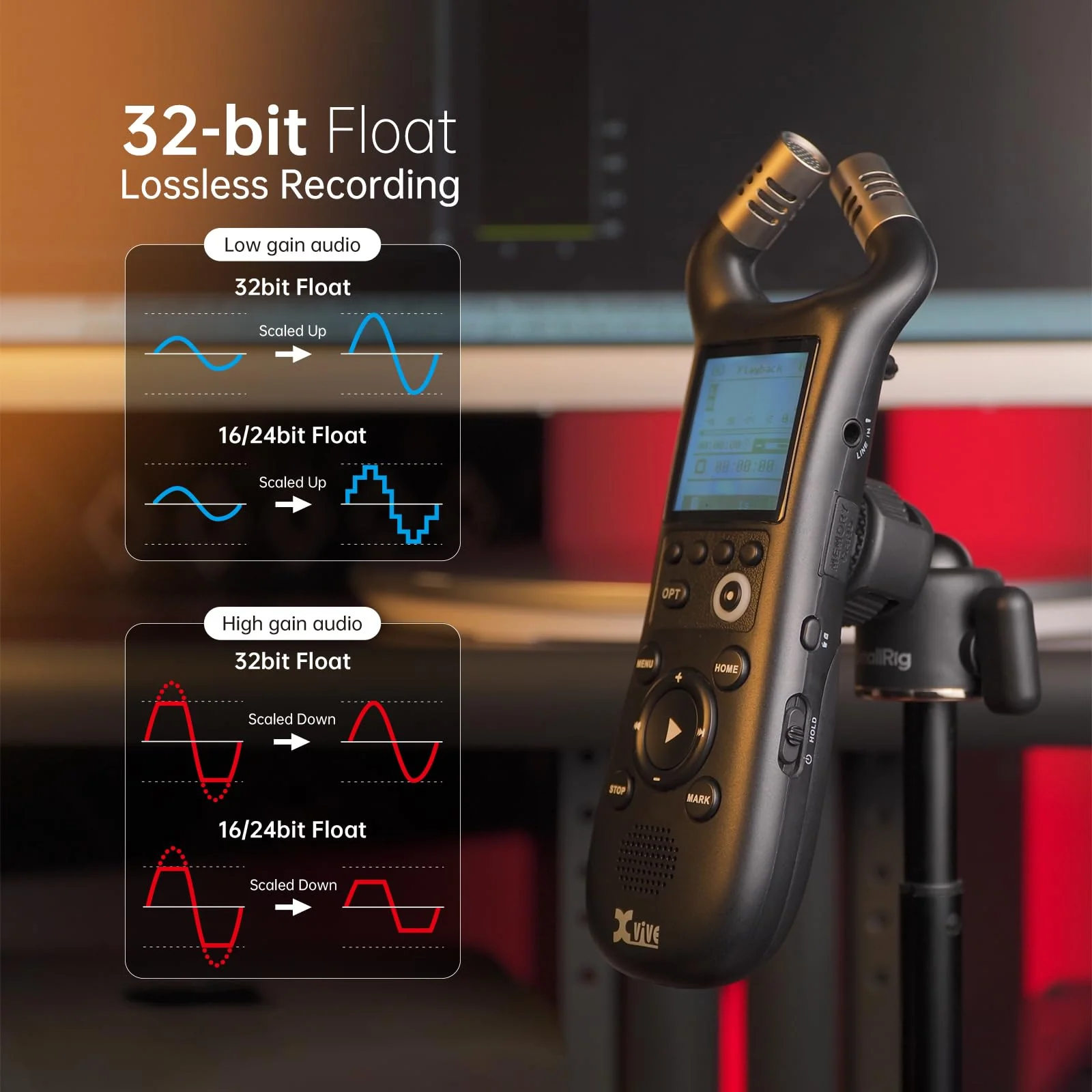 Xvive XV1-R Portable Stereo Audio Recorder with 32-Bit Float, X/Y Microphones, WAV/AAC Format, USB Microphone, Auto Record, for Musicians, Podcasters, Filmmakers - Image 2