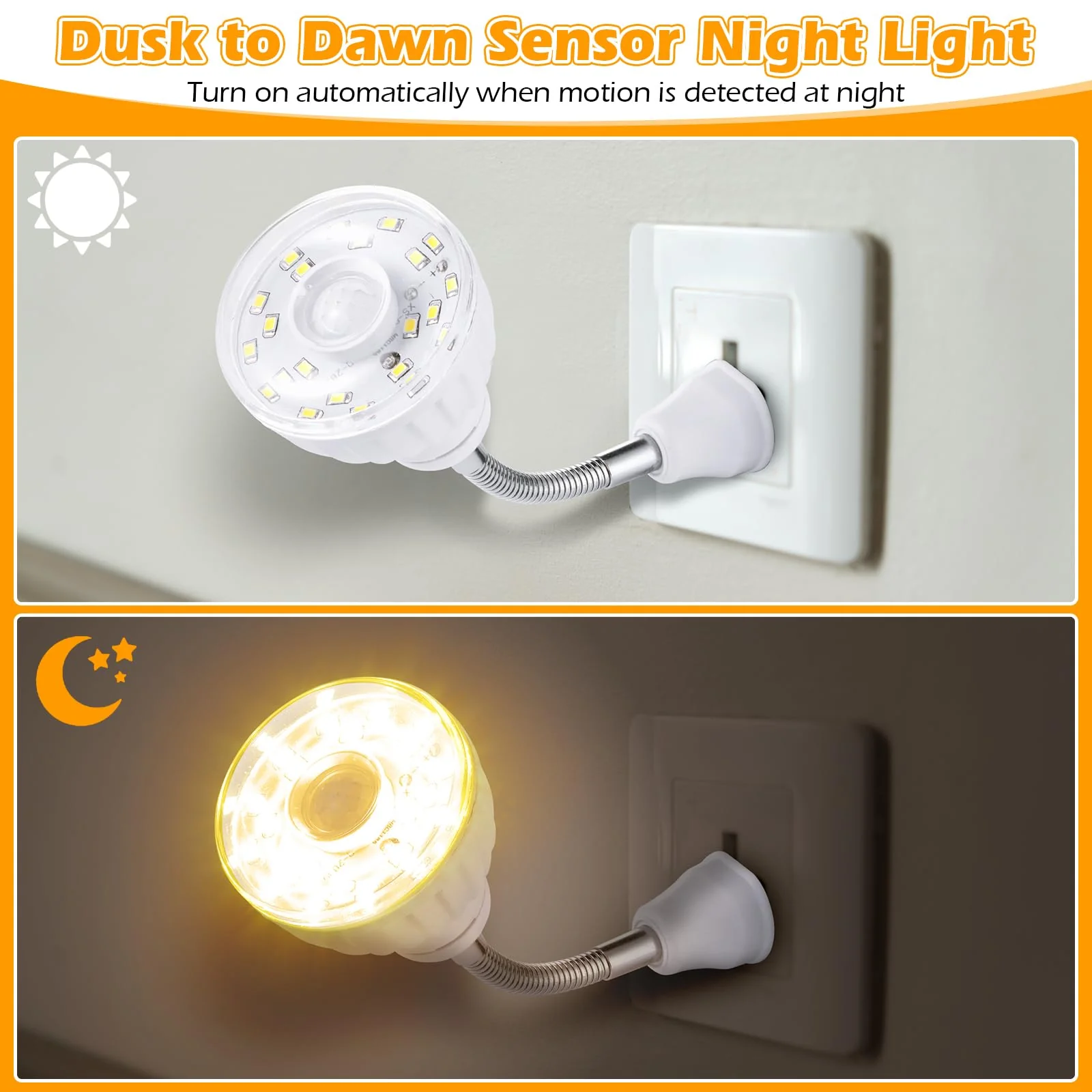 Yahenda 3 Pack Motion Activated LED Night Light Plug in Smart Dusk Dawn Sensor Light PIR Infrared Sensor Motion Detector Lamp Flexible Rotating for Hallway Stairway Garage Basement(Warm White) Warm White - Image 4