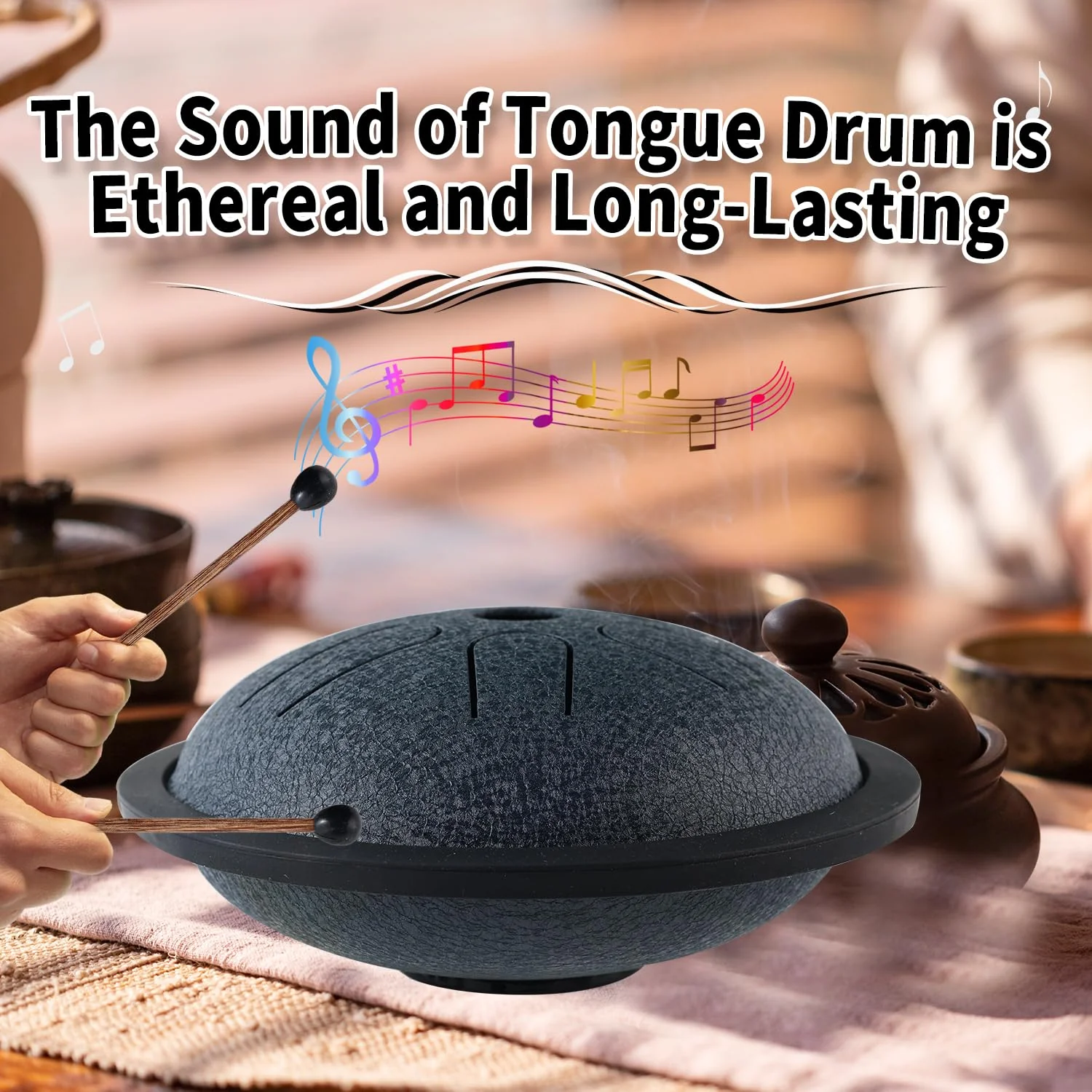 Yahpetes Steel Tongue Drum Musical Percussion Instrument Metal Rain Drum for Outside 5.5 Inch 6 Notes C-Key for Meditation Yoga Education Percussion with Bag, Music Book, Mallets (Navy Blue) Navy Blue - Image 5