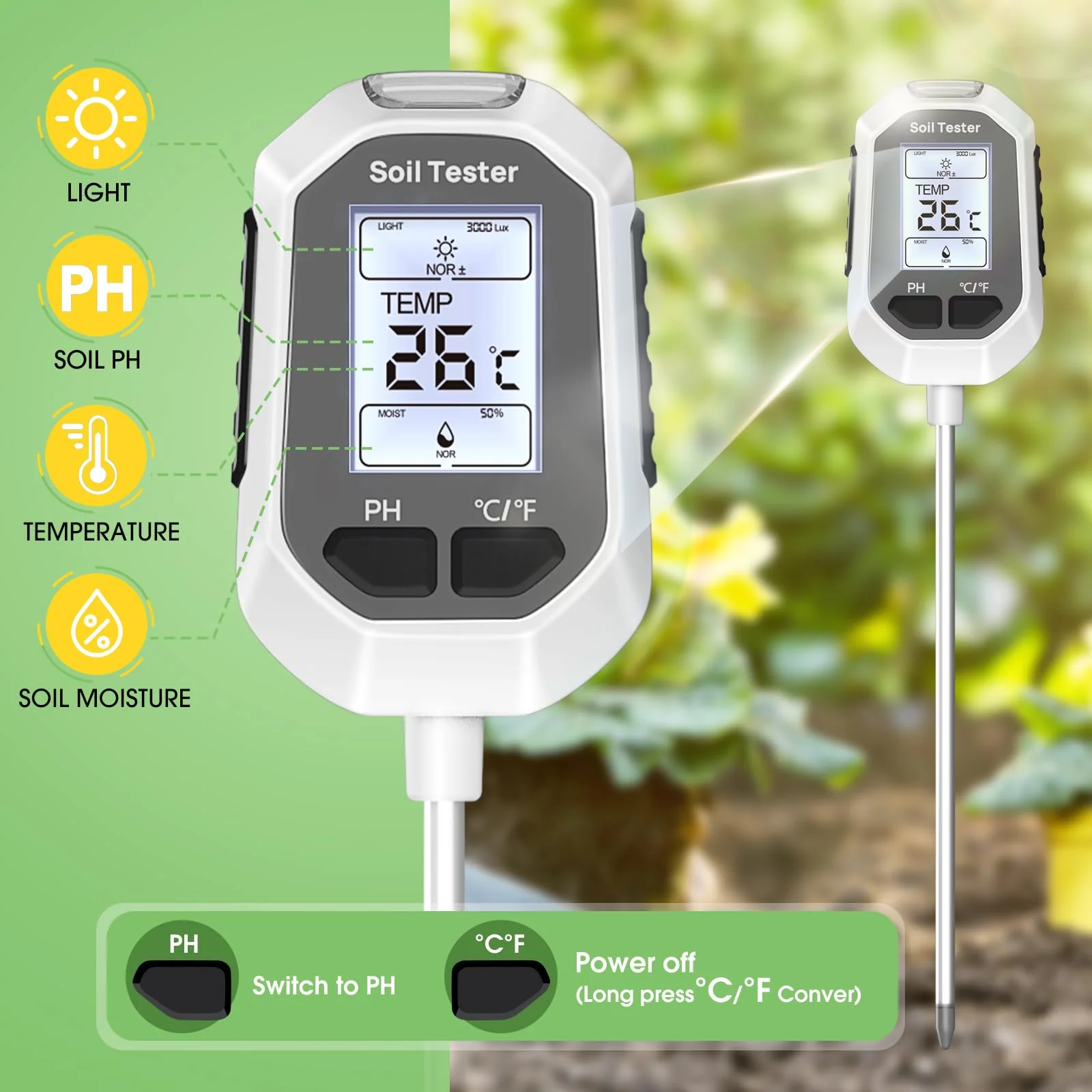 YAMRON 4-in-1 Soil Moisture Meter, Digital Plant Temperature/Soil Moisture Test & PH Meter/Sunlight Intensity, Backlight LCD Display for Gardening, Farming and Outdoor Plants - Image 2