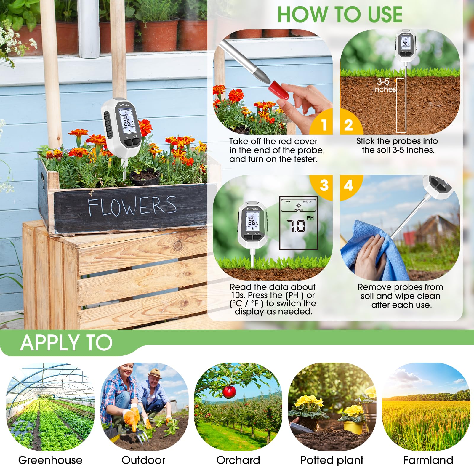 YAMRON 4-in-1 Soil Moisture Meter, Digital Plant Temperature/Soil Moisture Test & PH Meter/Sunlight Intensity, Backlight LCD Display for Gardening, Farming and Outdoor Plants - Image 5