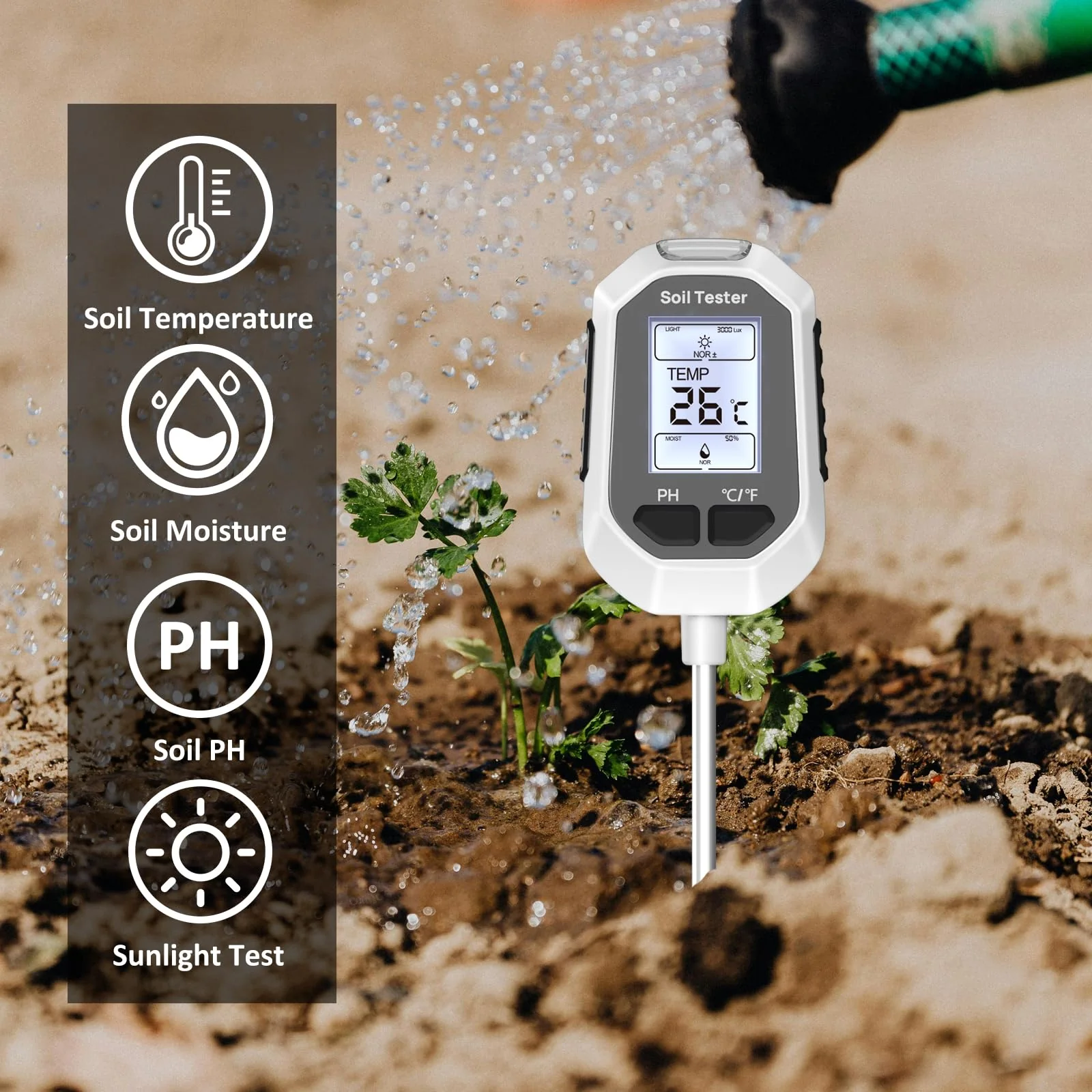 YAMRON 4-in-1 Soil Moisture Meter, Digital Plant Temperature/Soil Moisture Test & PH Meter/Sunlight Intensity, Backlight LCD Display for Gardening, Farming and Outdoor Plants - Image 7