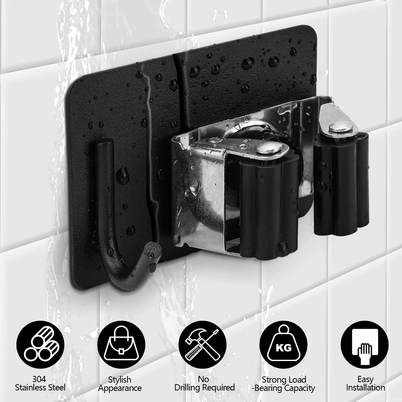 YAOSHENGUP Pack of 5 Broom Holder Wall Self-Adhesive Tool Holder Stainless Steel Garden Tool Holder Wall Mount Tool Holder Hook Rack Broom Holder Garden Tool Holder Wall Hooks for Bathroom Kitchen - Image 3