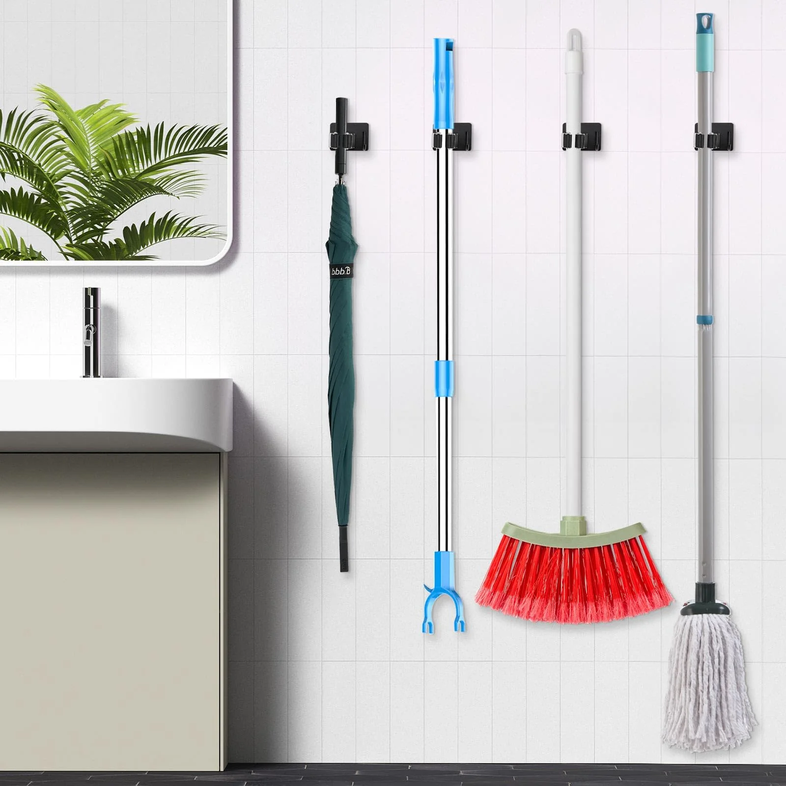 YAOSHENGUP Pack of 5 Broom Holder Wall Self-Adhesive Tool Holder Stainless Steel Garden Tool Holder Wall Mount Tool Holder Hook Rack Broom Holder Garden Tool Holder Wall Hooks for Bathroom Kitchen - Image 6